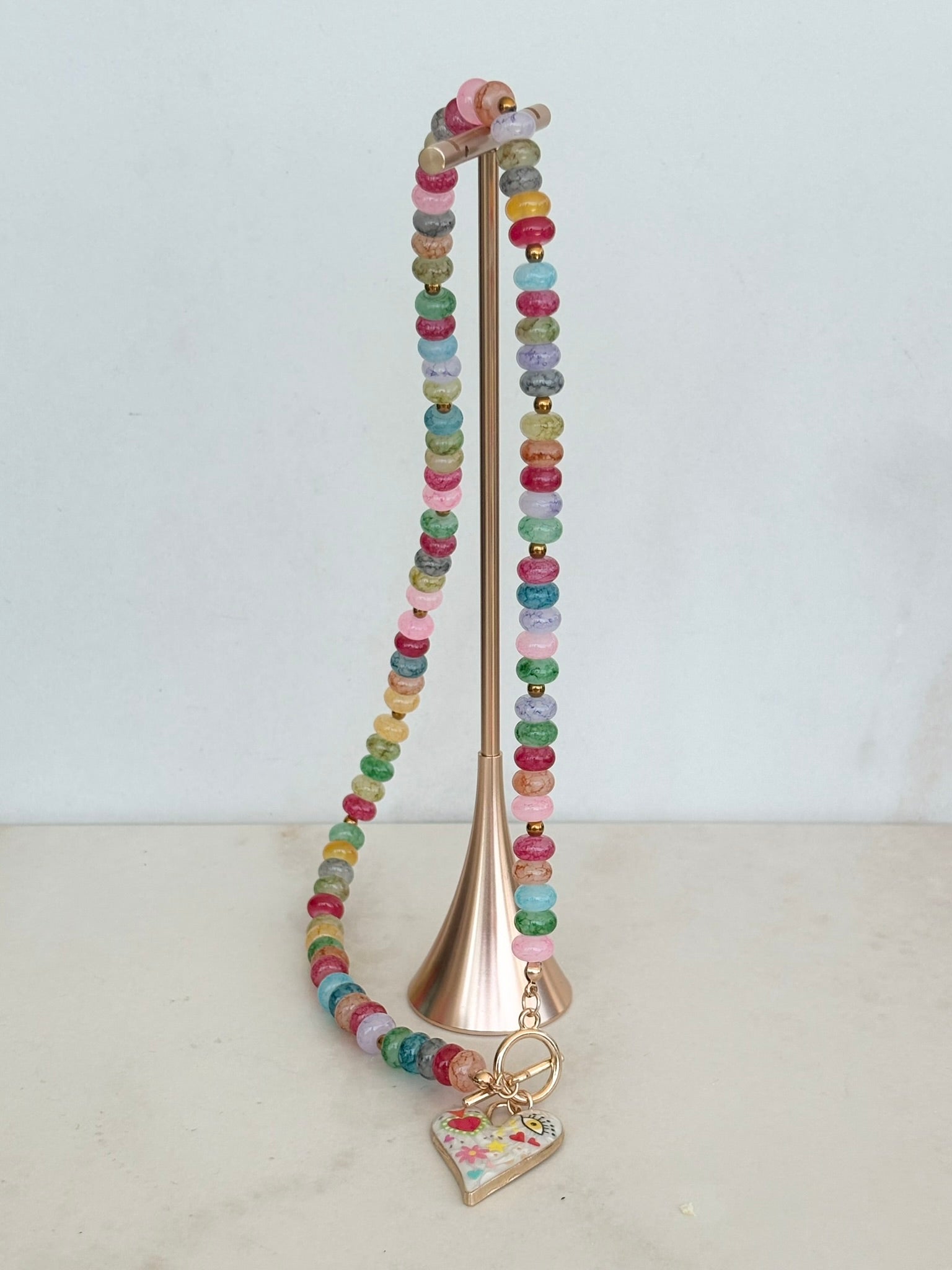 Rainbow Rondelle & Folk Art Heart Necklace
