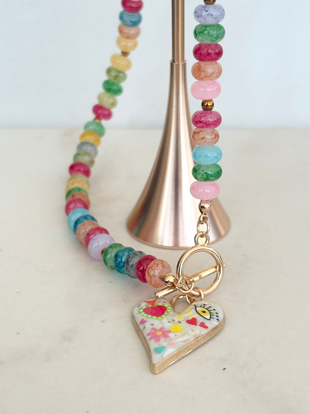 Rainbow Rondelle & Folk Art Heart Necklace