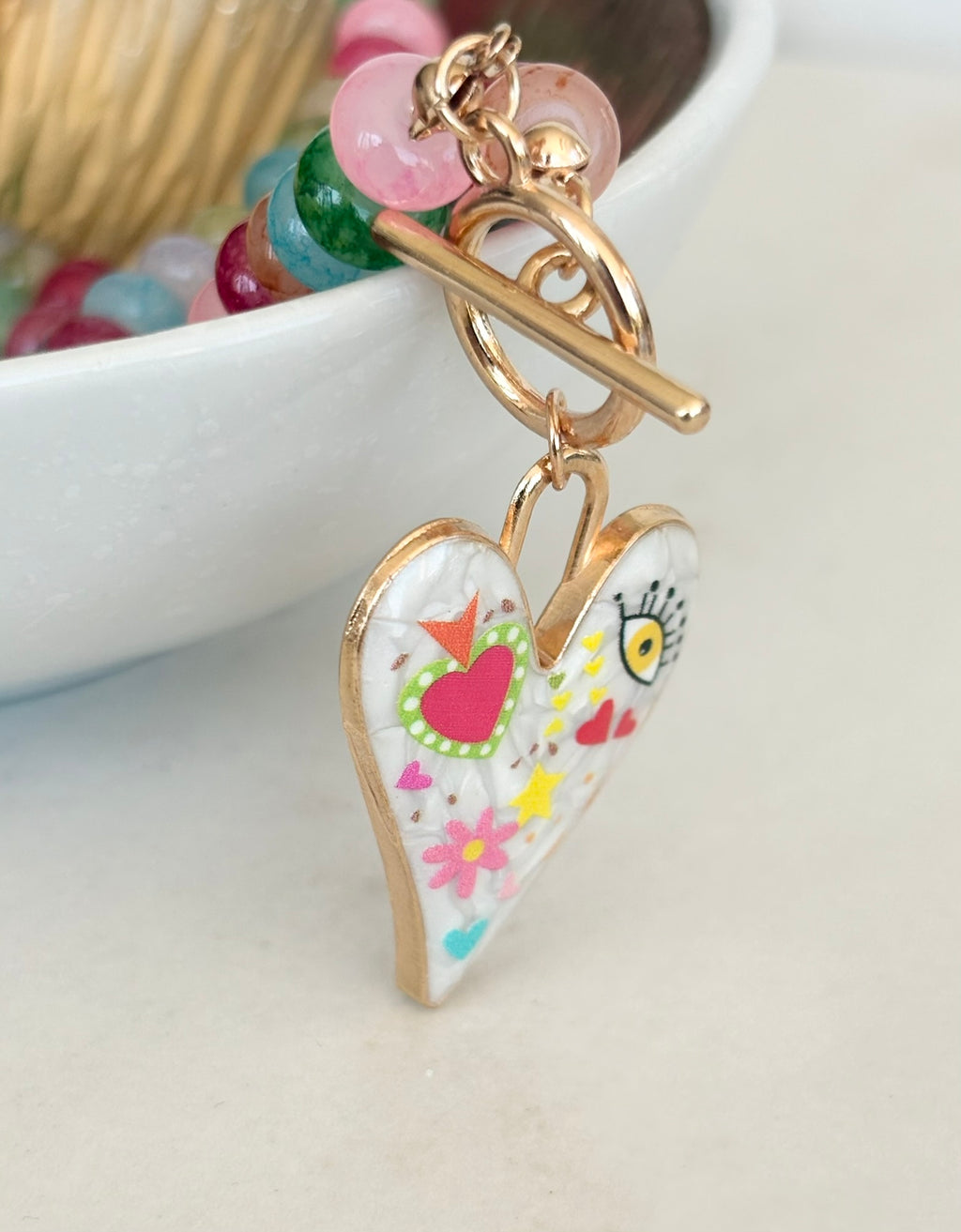 Rainbow Rondelle & Folk Art Heart Necklace