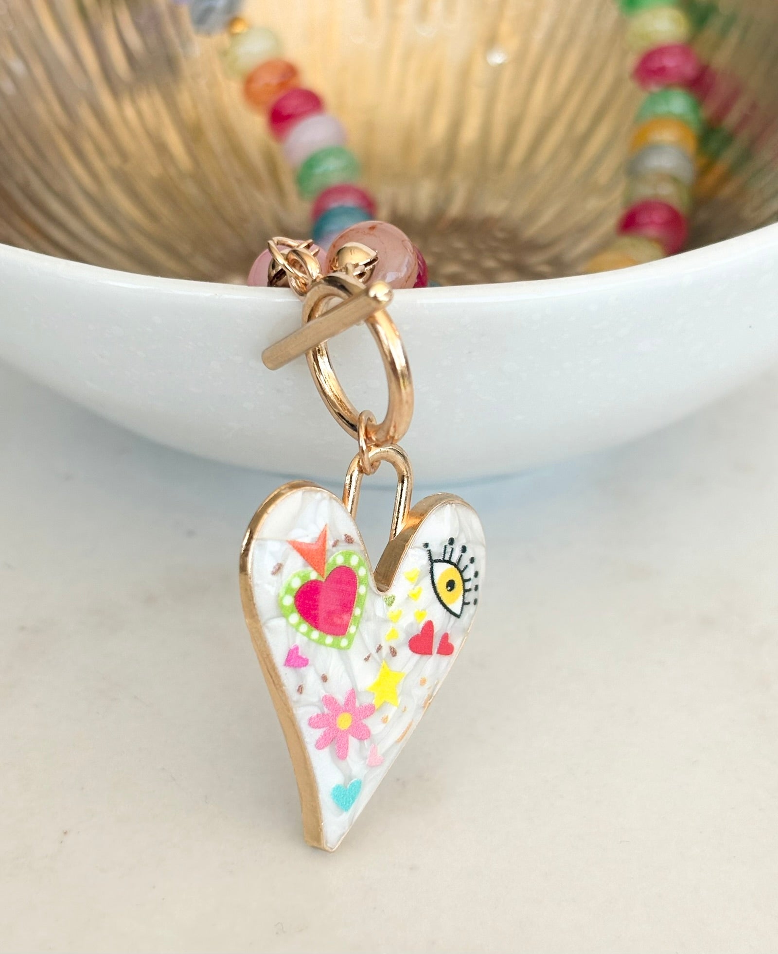 Rainbow Rondelle & Folk Art Heart Necklace