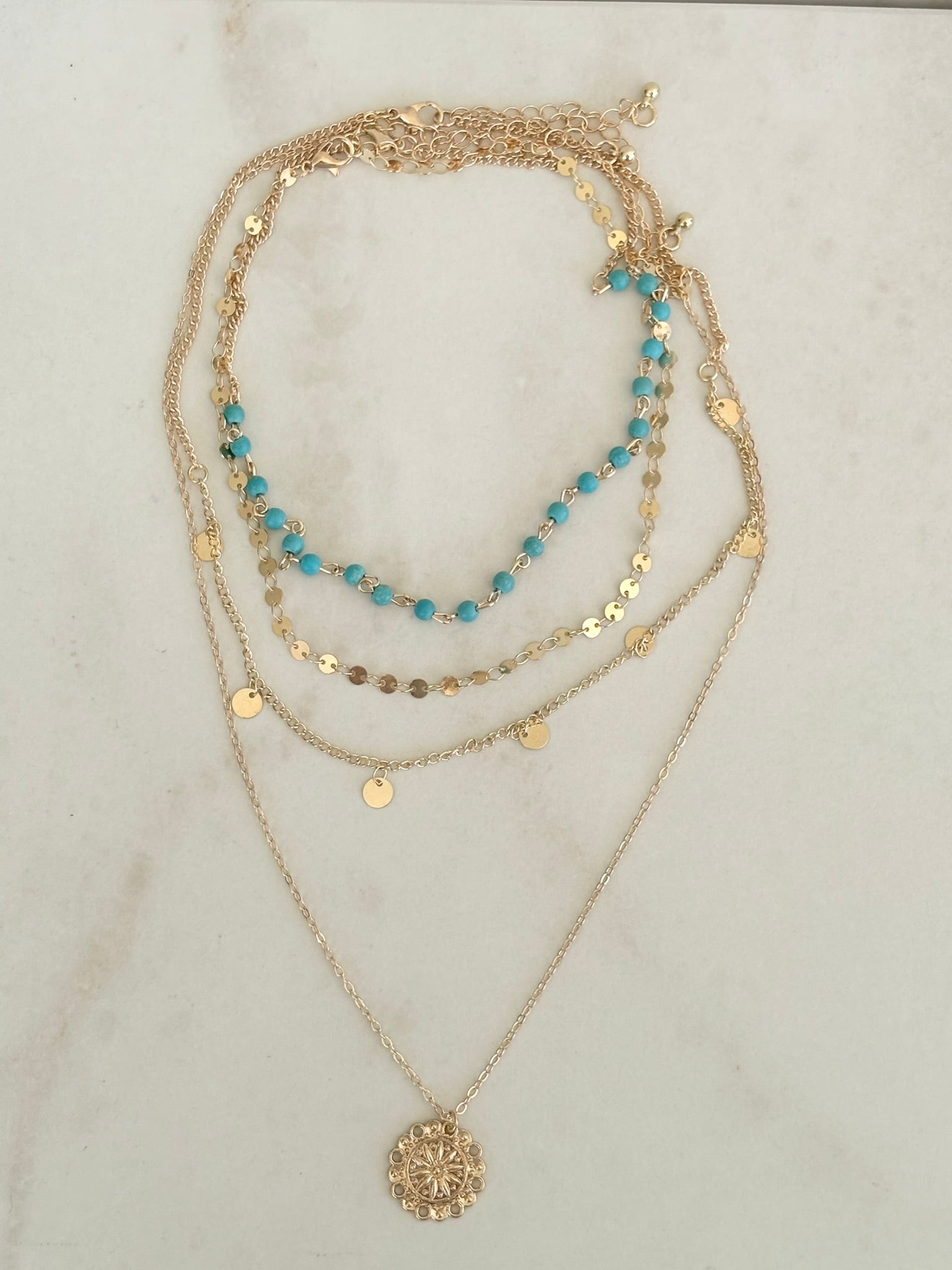 Layered Turquoise & Gold Coin Necklace