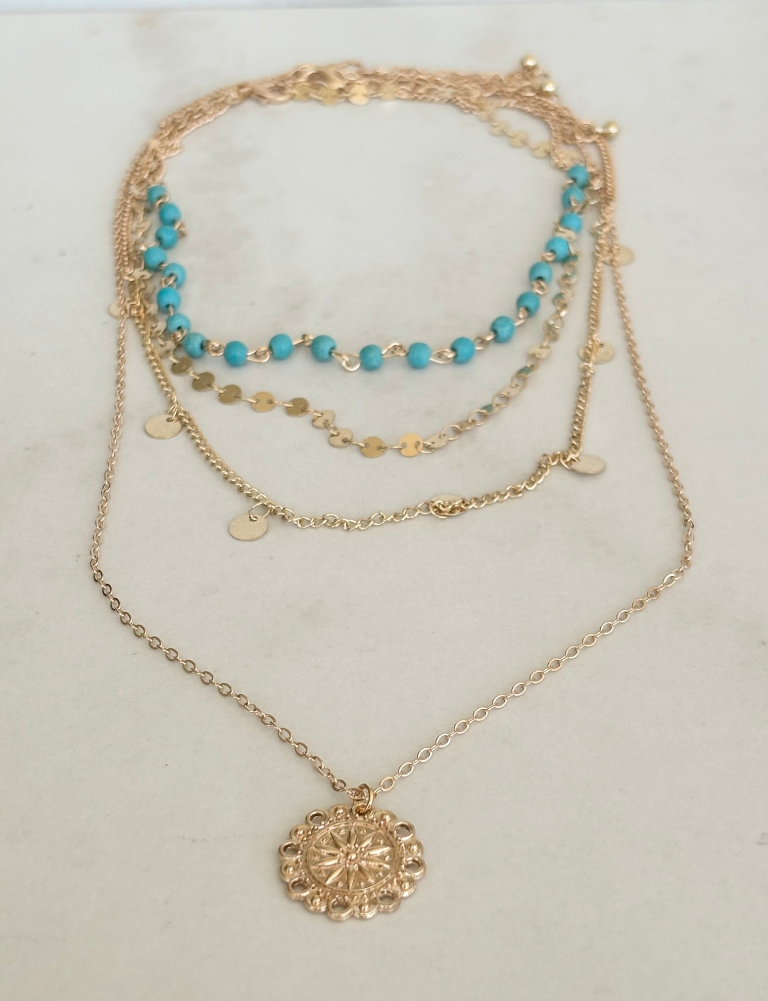 Layered Turquoise & Gold Coin Necklace
