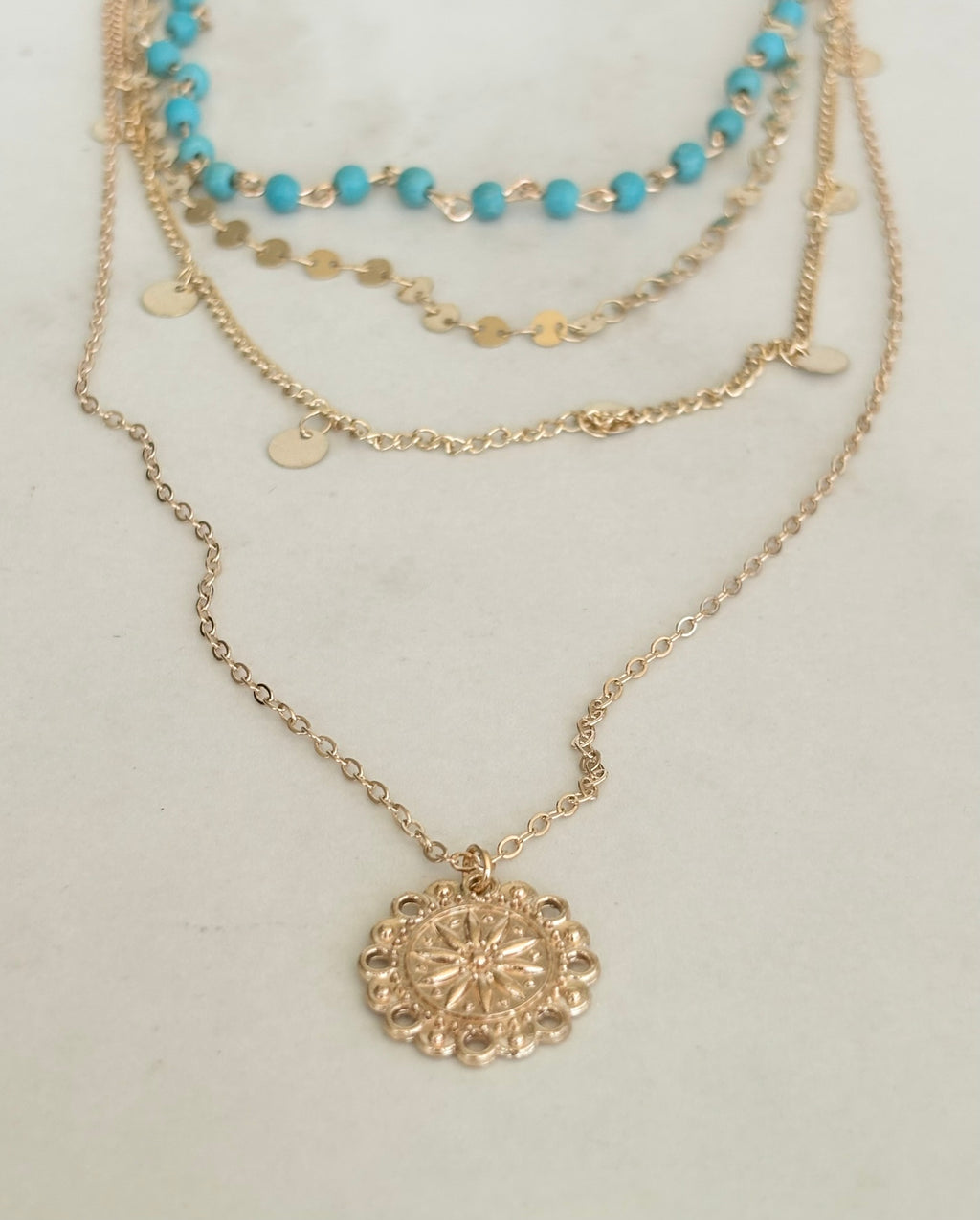 Layered Turquoise & Gold Coin Necklace