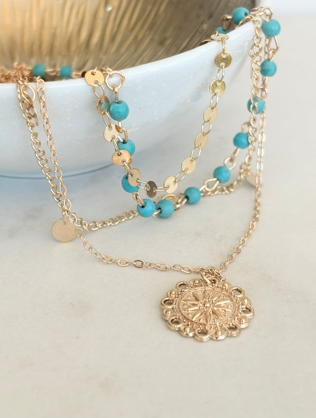 Layered Turquoise & Gold Coin Necklace