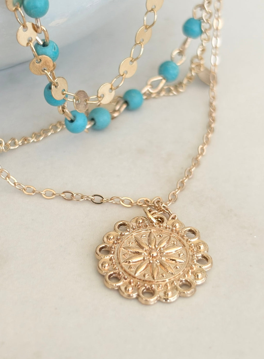 Layered Turquoise & Gold Coin Necklace