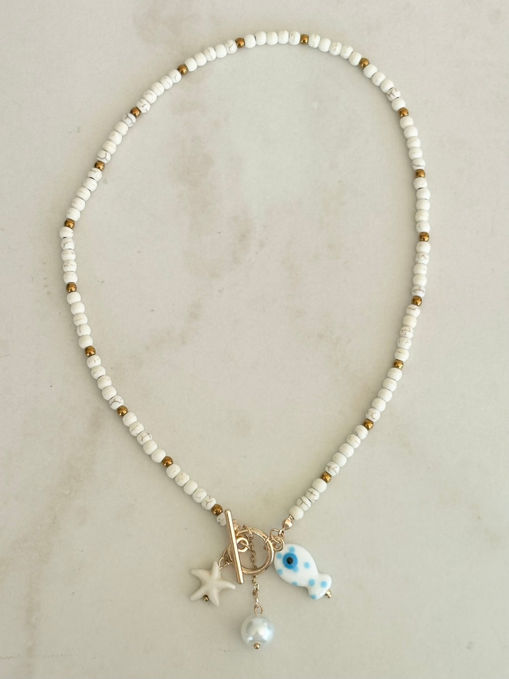 White Bead Coastal Charm Necklace