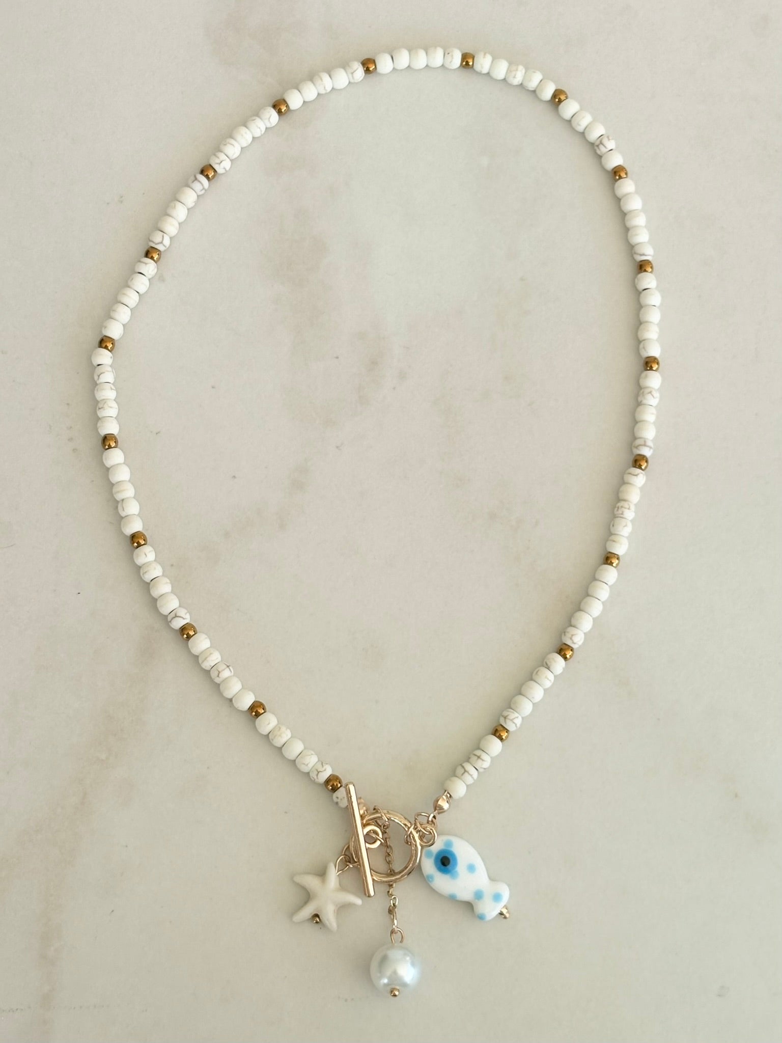 White Bead Coastal Charm Necklace