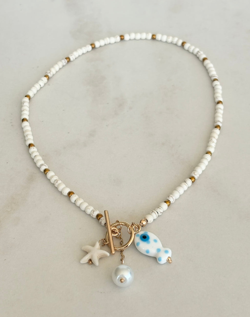 White Bead Coastal Charm Necklace