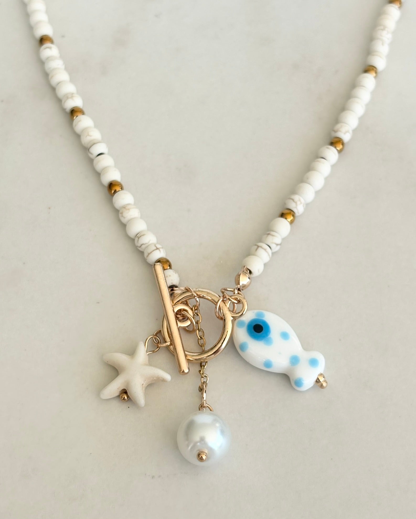White Bead Coastal Charm Necklace