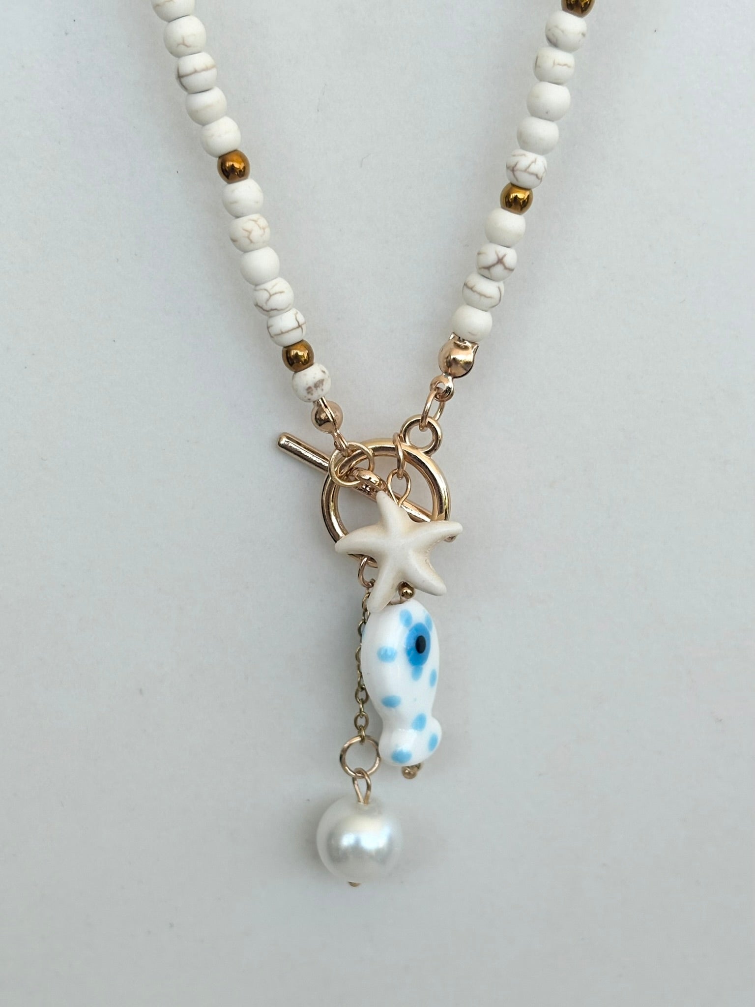 White Bead Coastal Charm Necklace