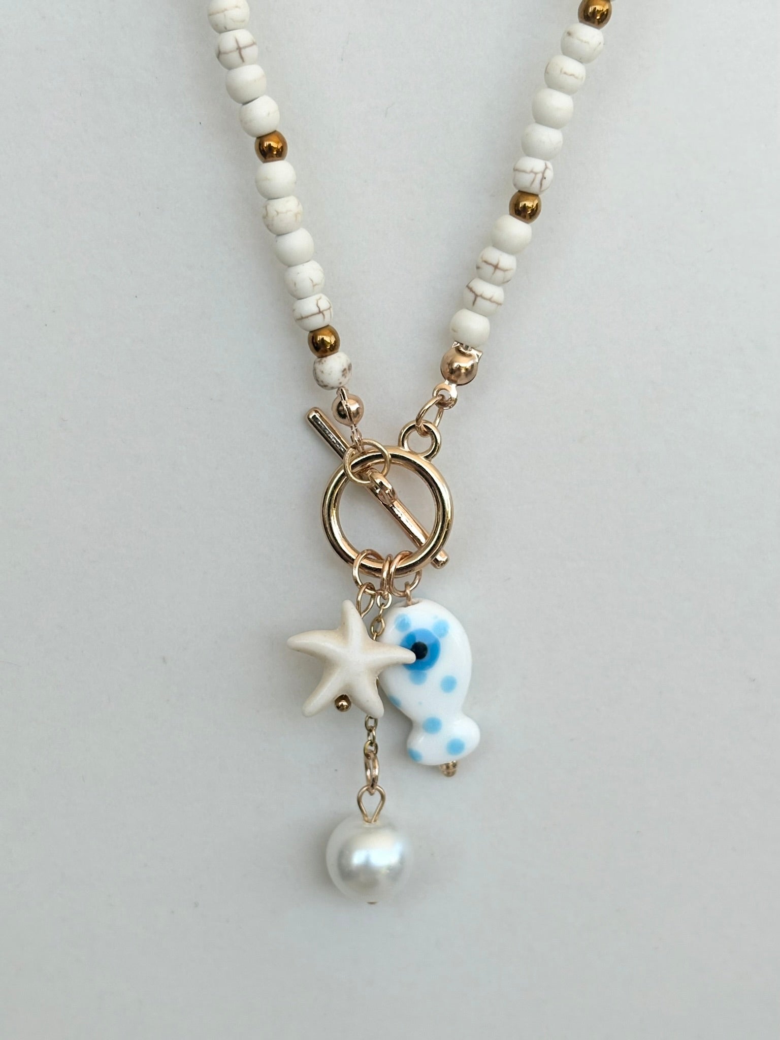 White Bead Coastal Charm Necklace