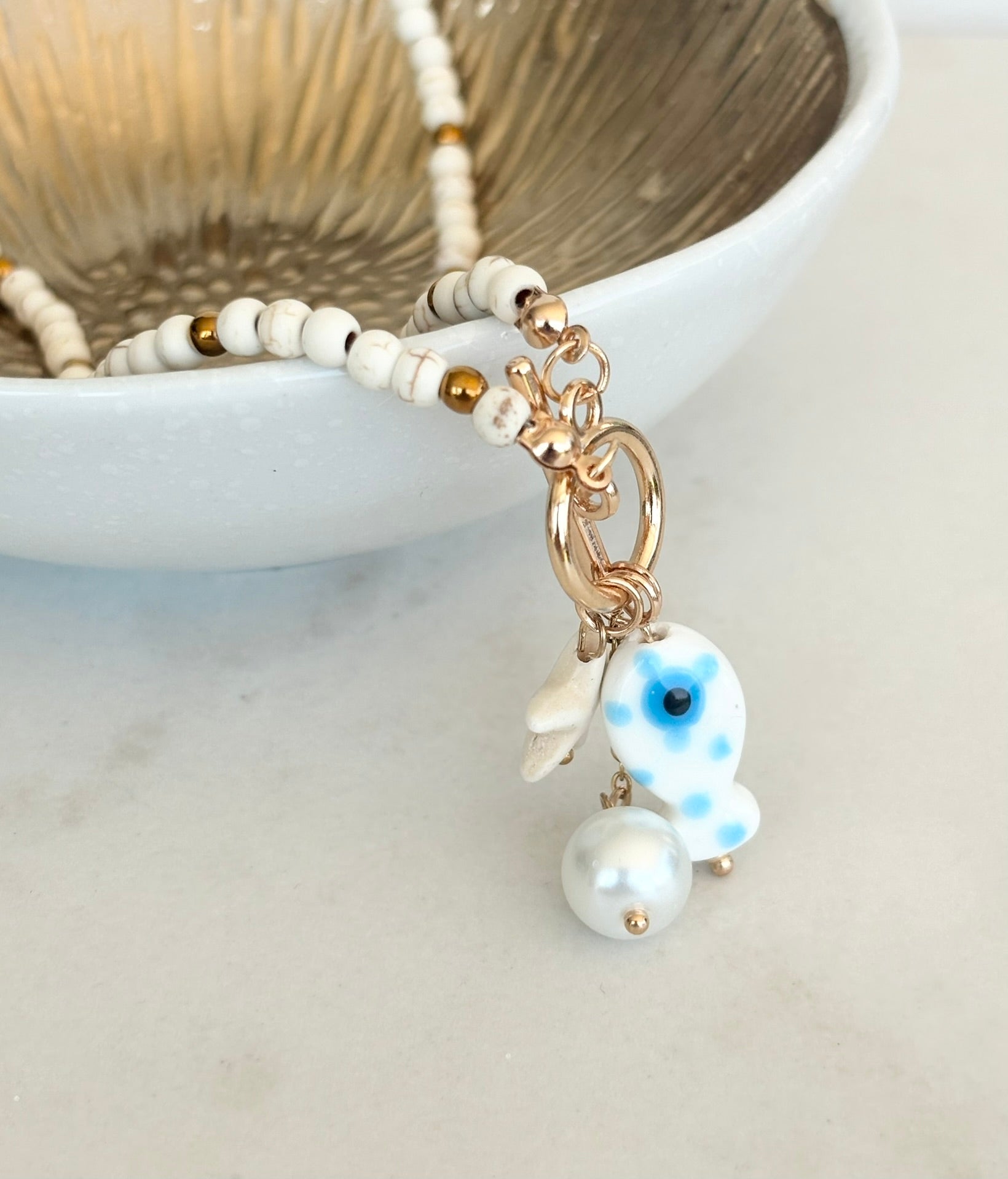White Bead Coastal Charm Necklace
