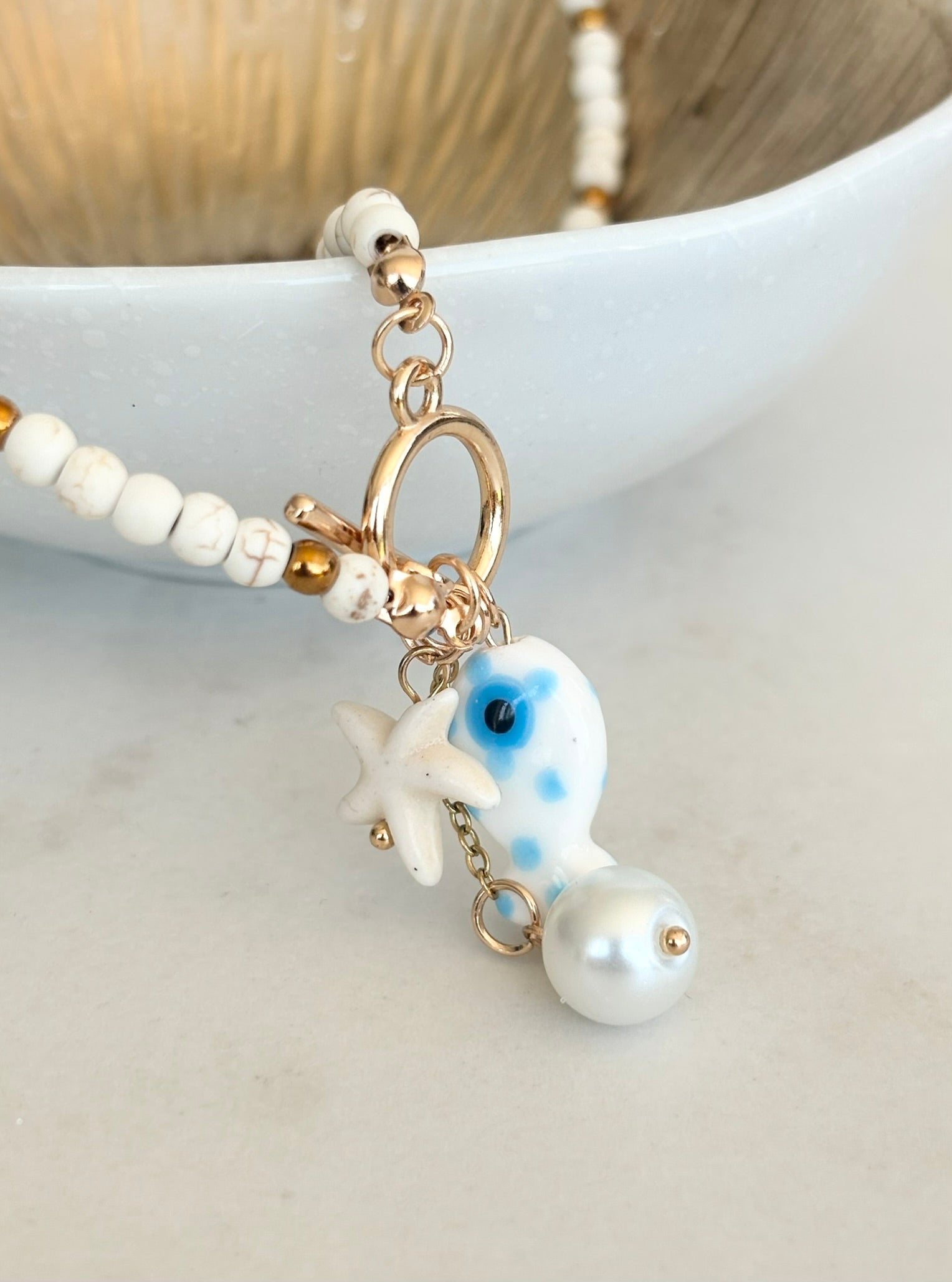 White Bead Coastal Charm Necklace
