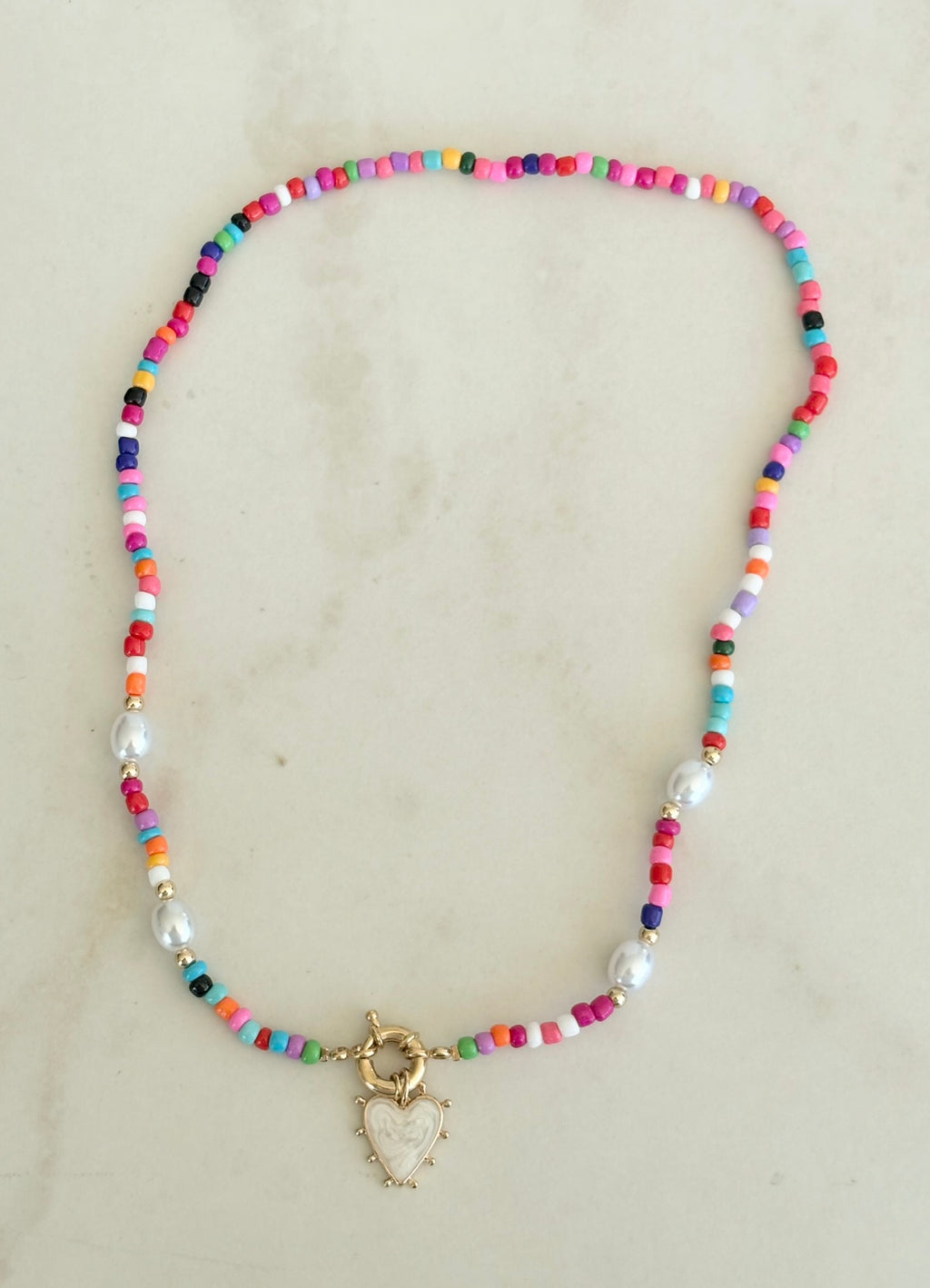 Rainbow Seed Bead & Pearl Heart Necklace