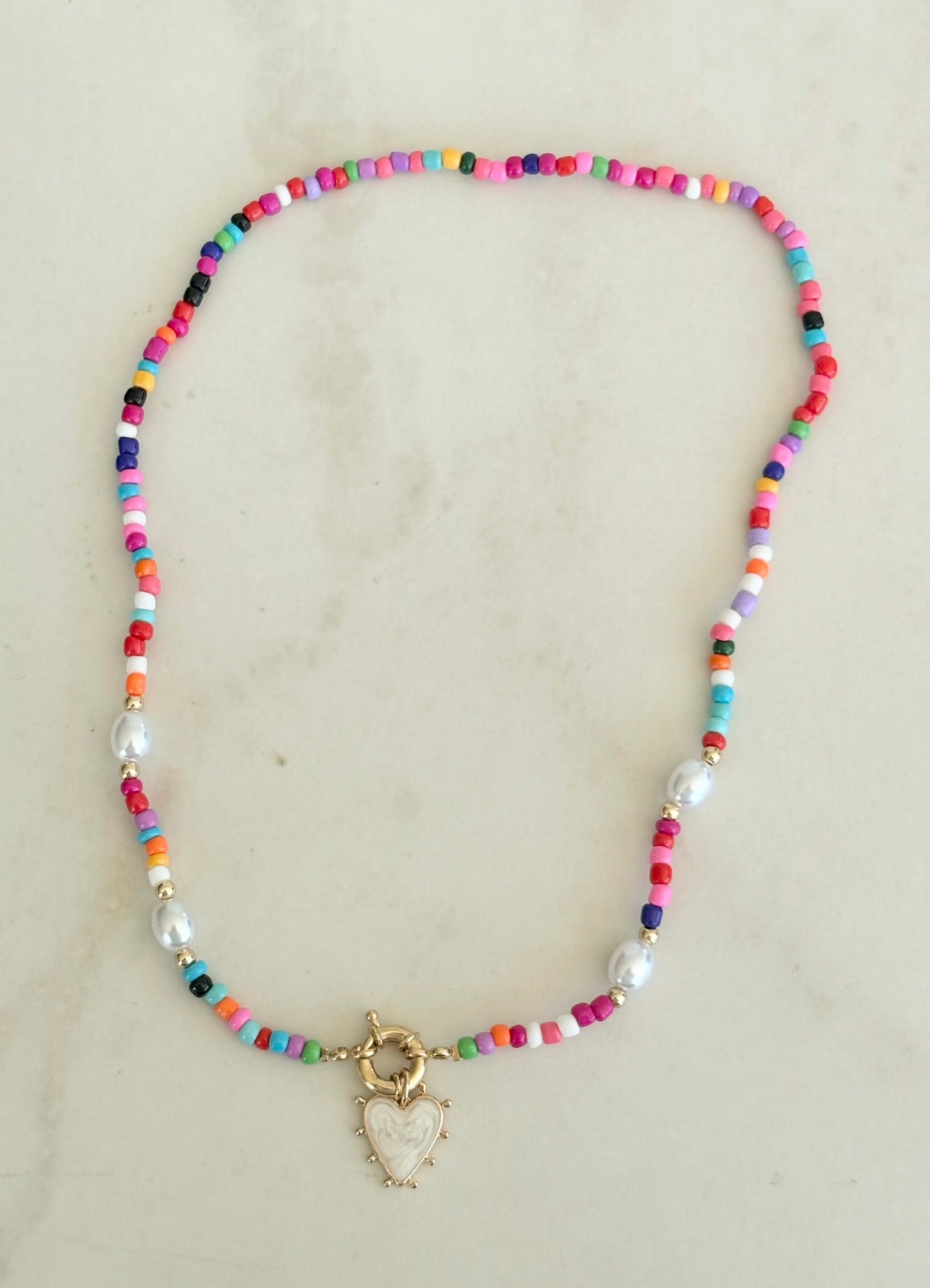 Rainbow Seed Bead & Pearl Heart Necklace