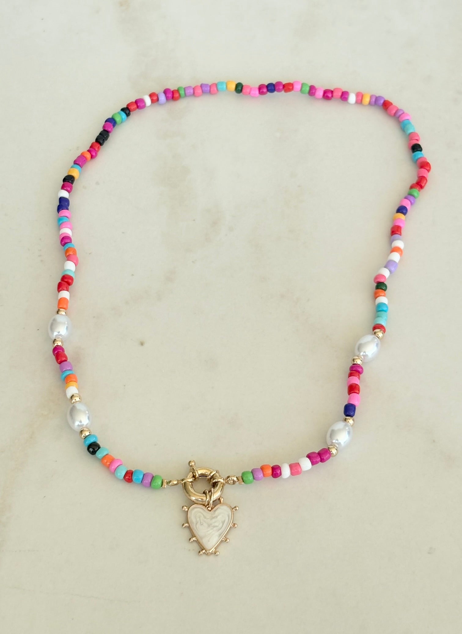 Rainbow Seed Bead & Pearl Heart Necklace