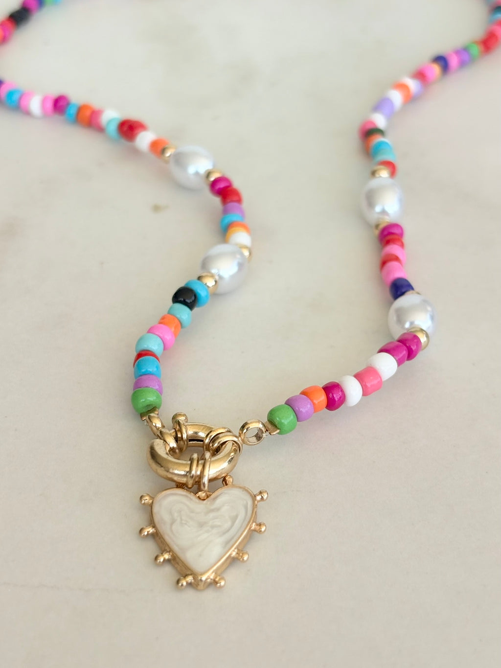 Rainbow Seed Bead & Pearl Heart Necklace