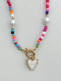 Rainbow Seed Bead & Pearl Heart Necklace