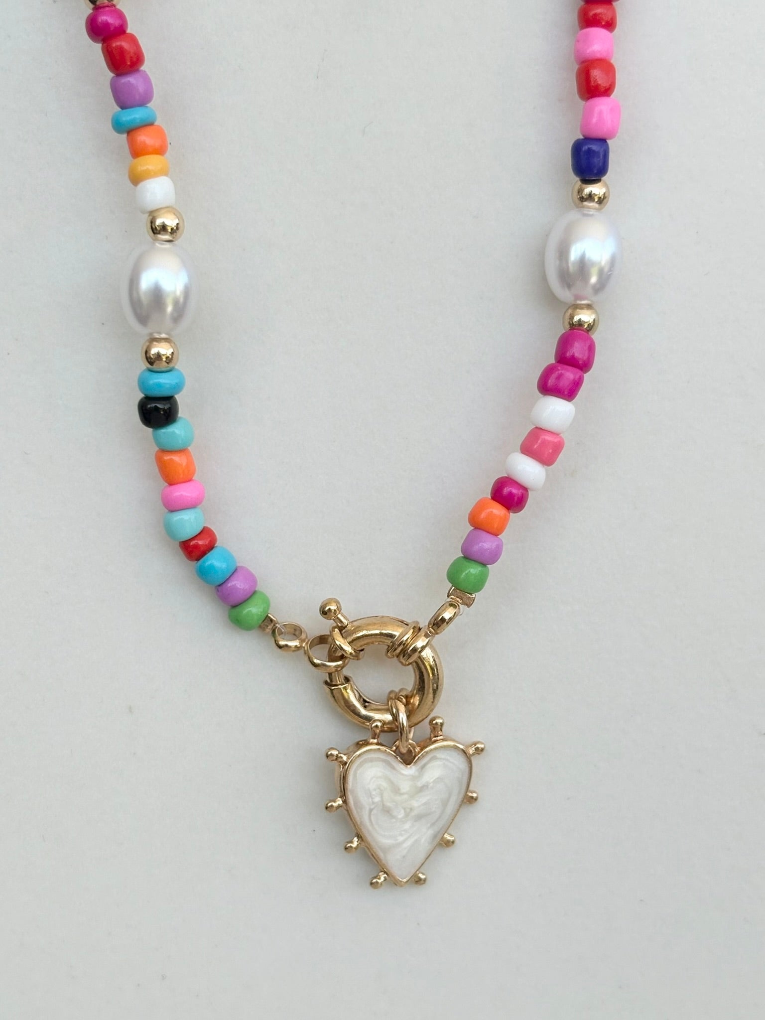 Rainbow Seed Bead & Pearl Heart Necklace