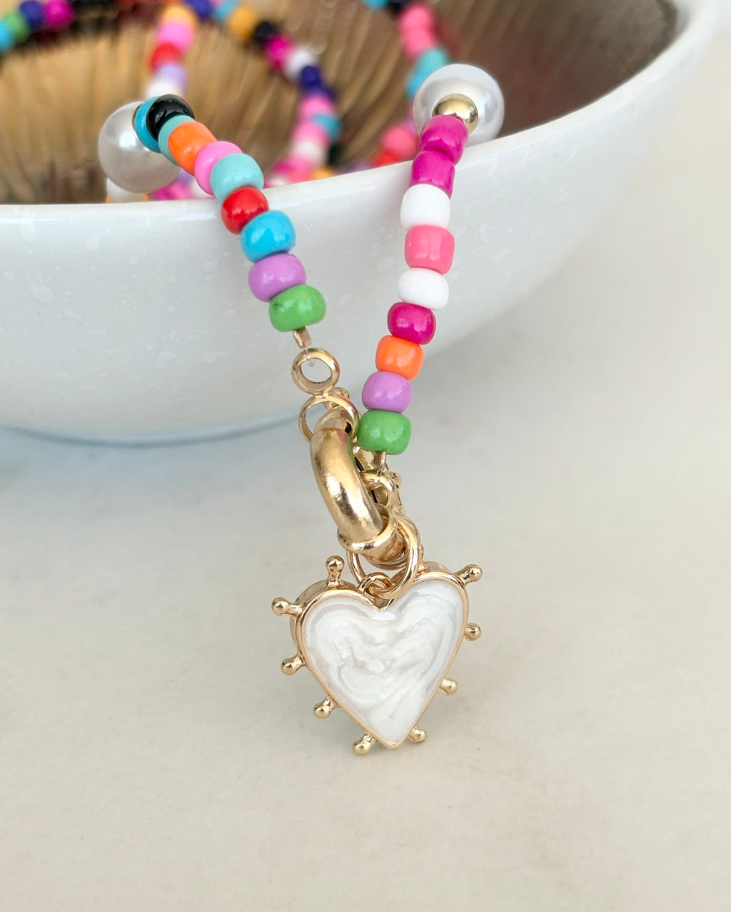 Rainbow Seed Bead & Pearl Heart Necklace