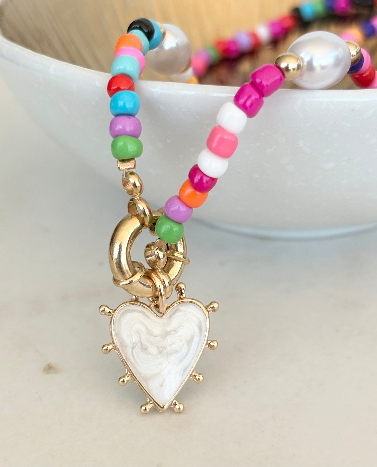 Rainbow Seed Bead & Pearl Heart Necklace