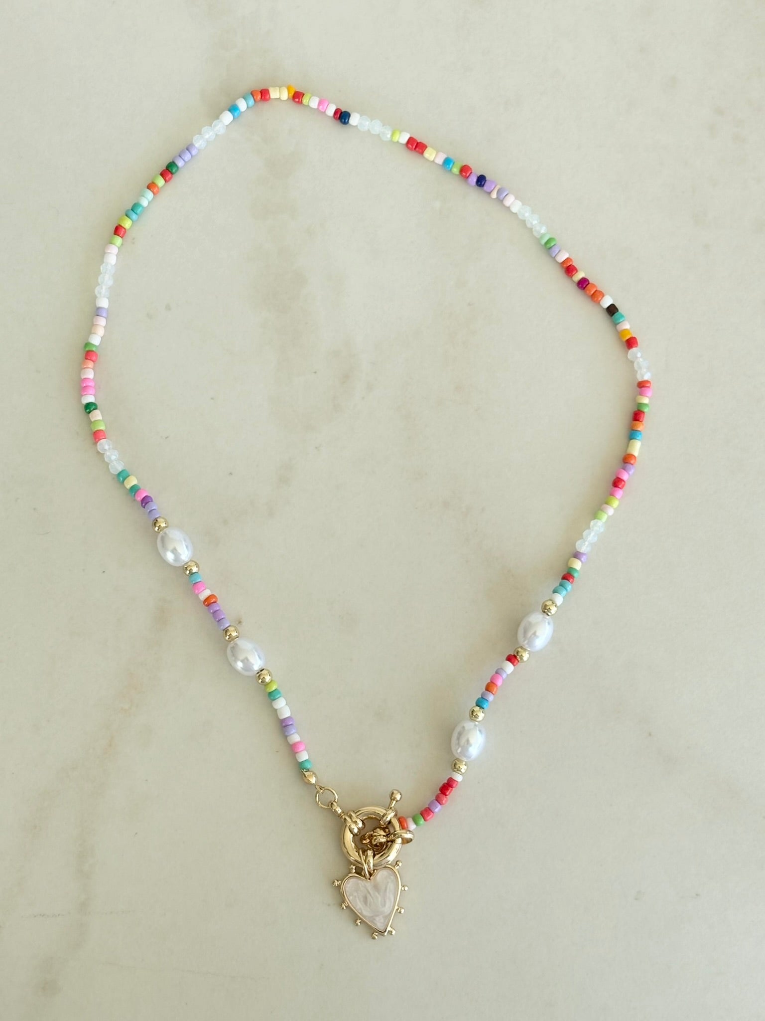 Pastel Seed Bead & Pearl Heart Necklace
