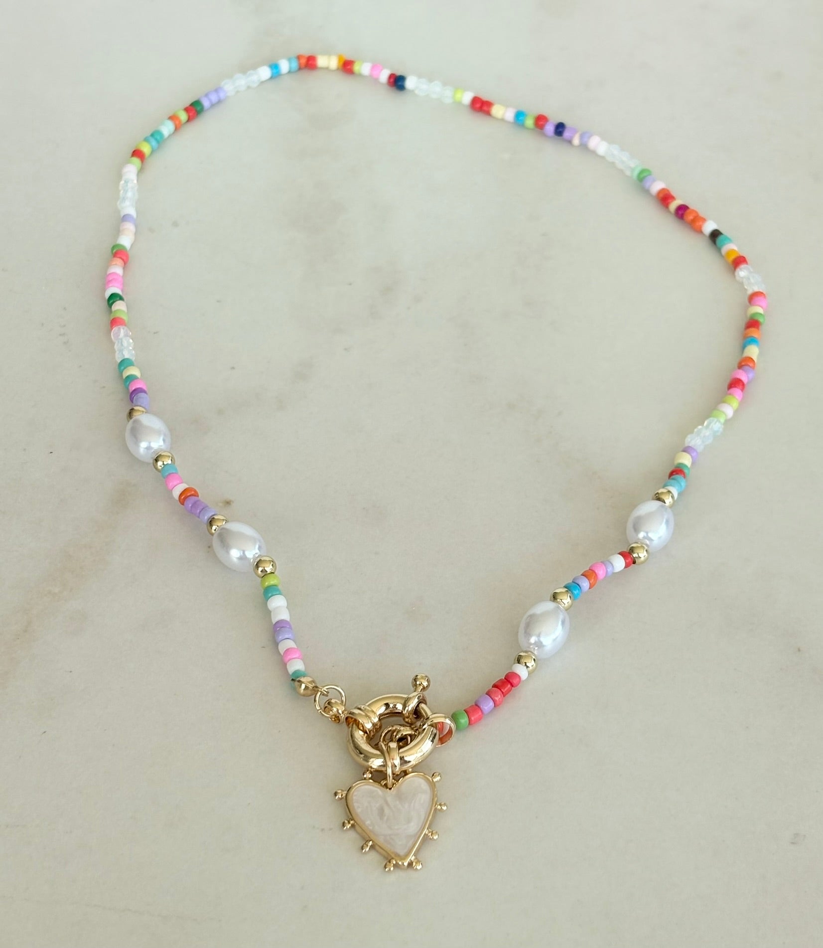 Pastel Seed Bead & Pearl Heart Necklace