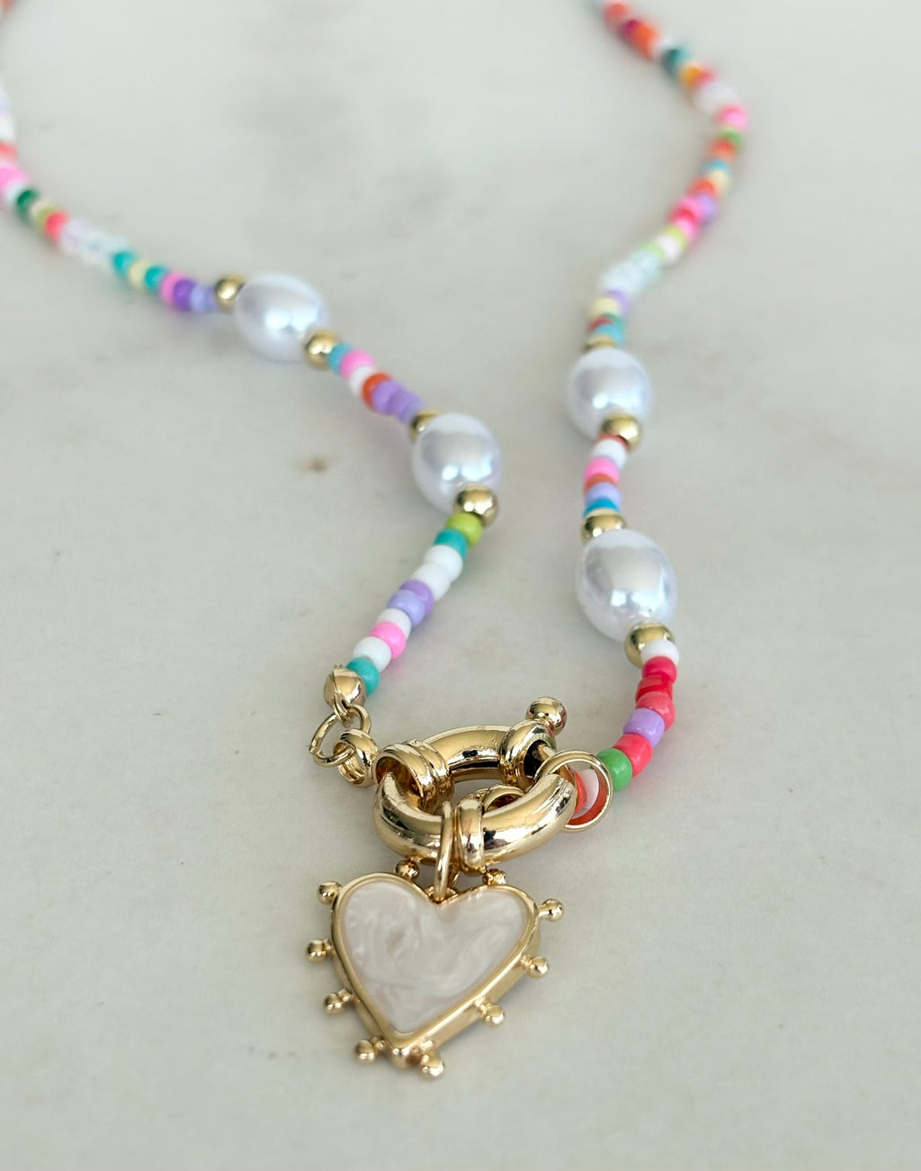 Pastel Seed Bead & Pearl Heart Necklace