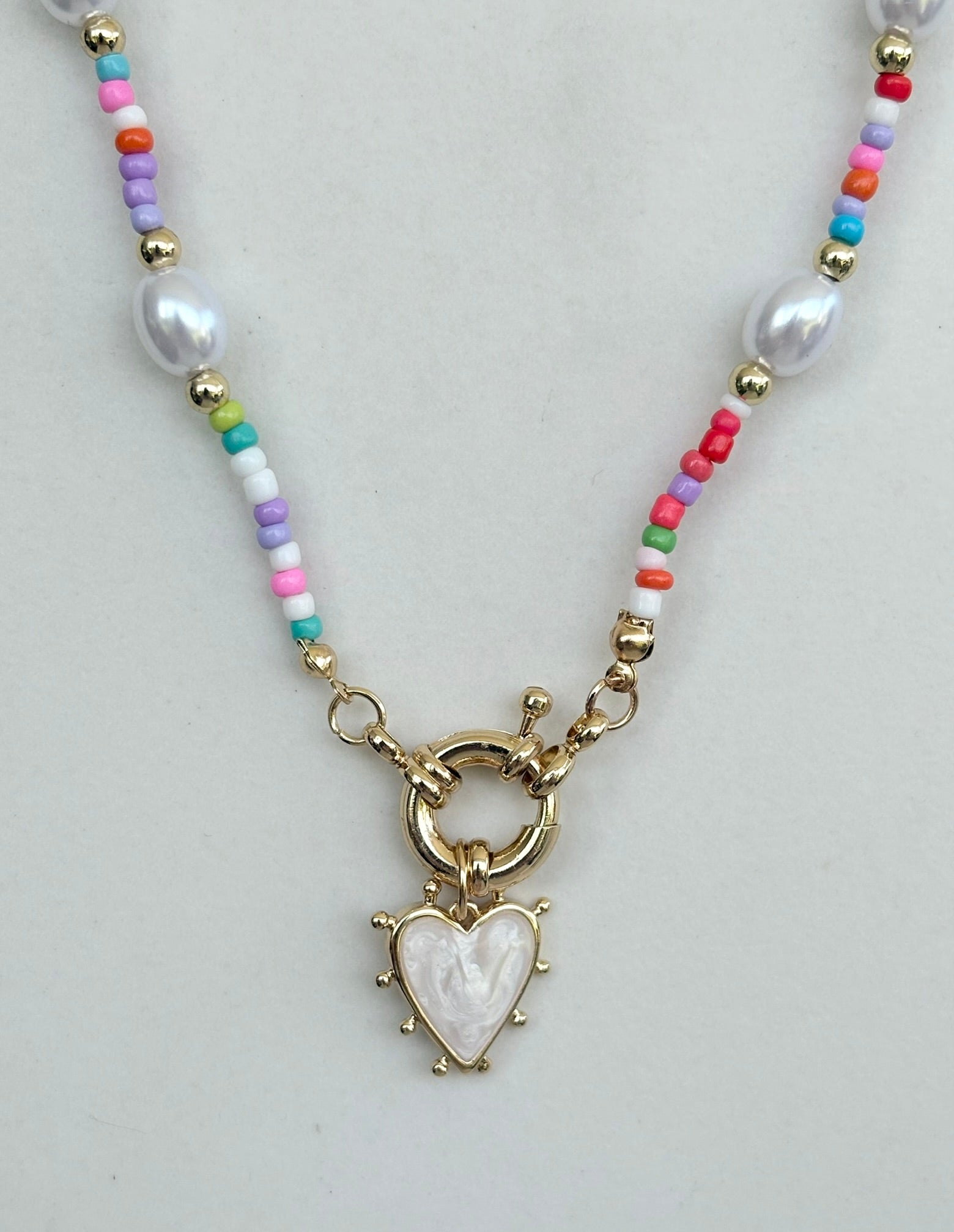 Pastel Seed Bead & Pearl Heart Necklace