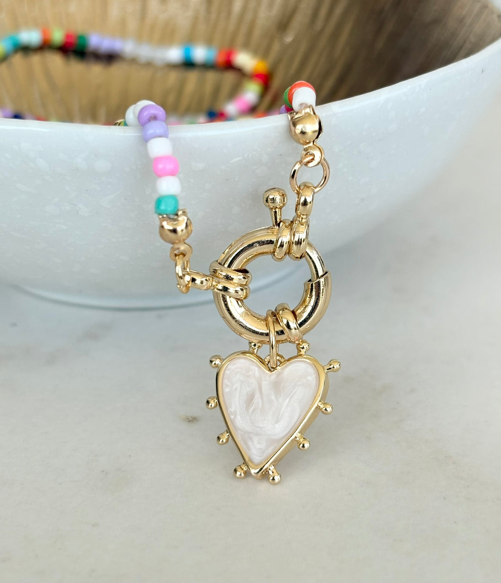 Pastel Seed Bead & Pearl Heart Necklace