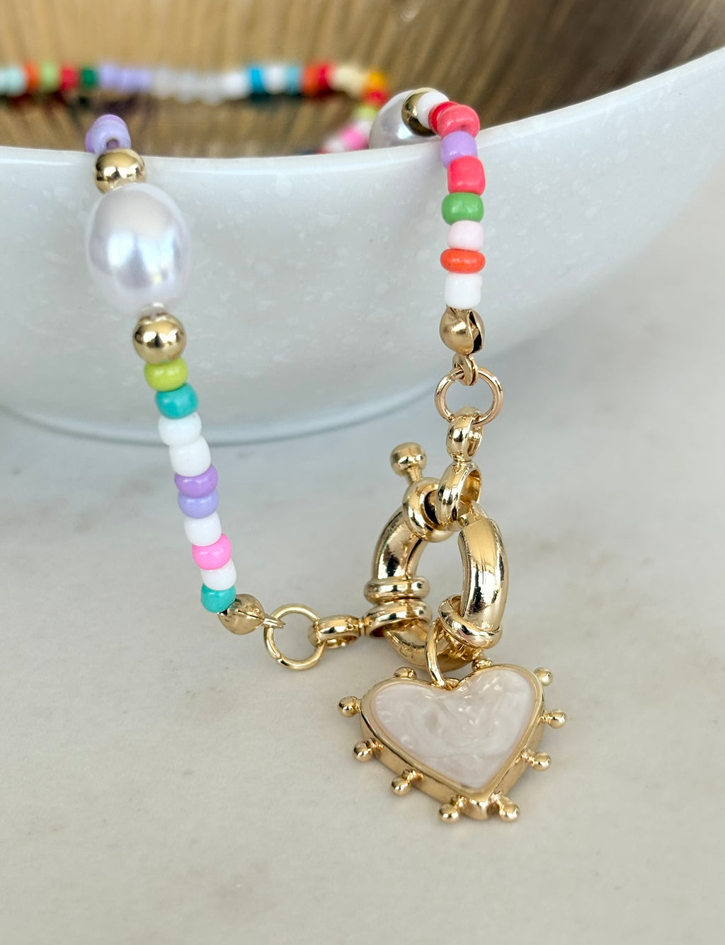 Pastel Seed Bead & Pearl Heart Necklace