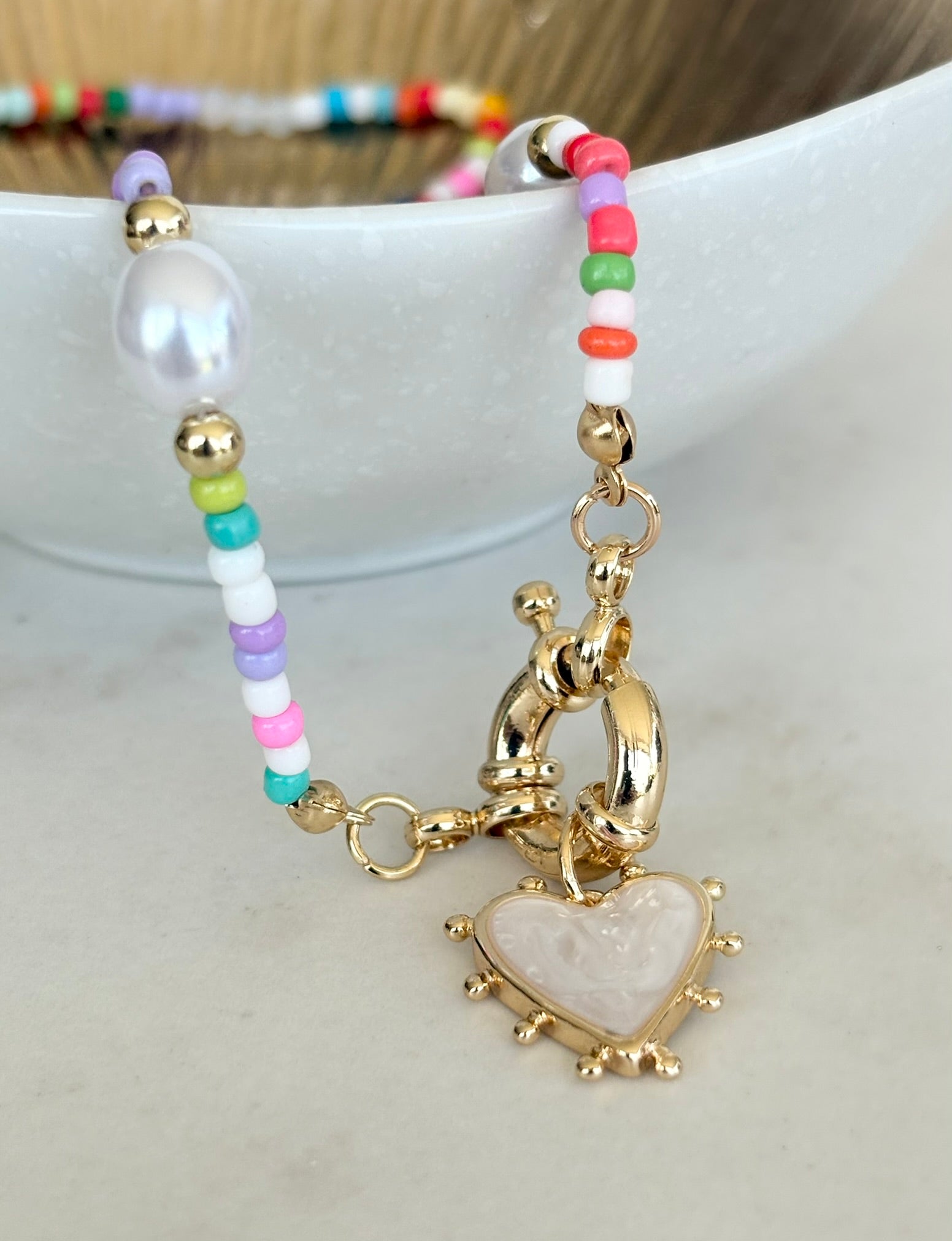 Pastel Seed Bead & Pearl Heart Necklace
