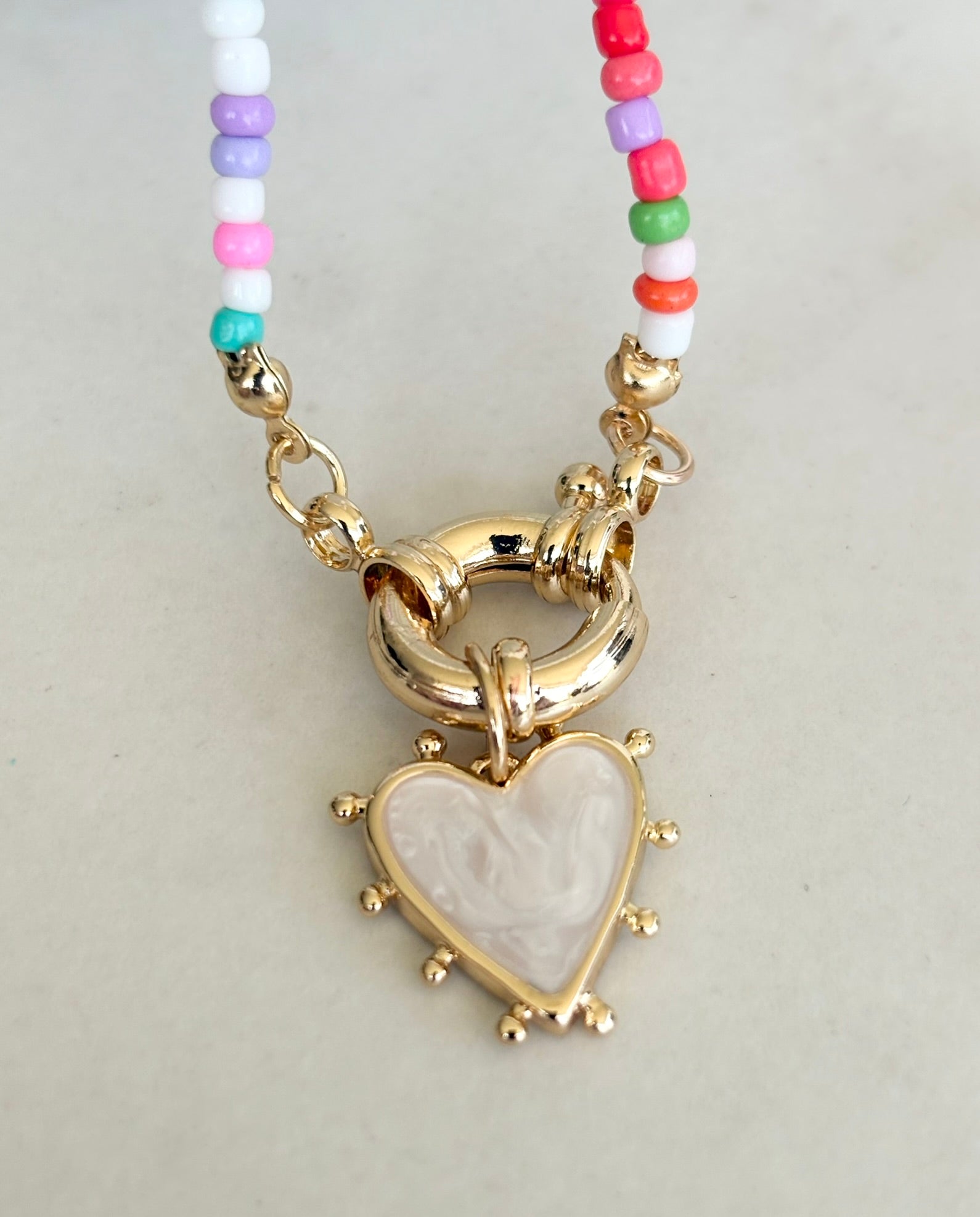 Pastel Seed Bead & Pearl Heart Necklace