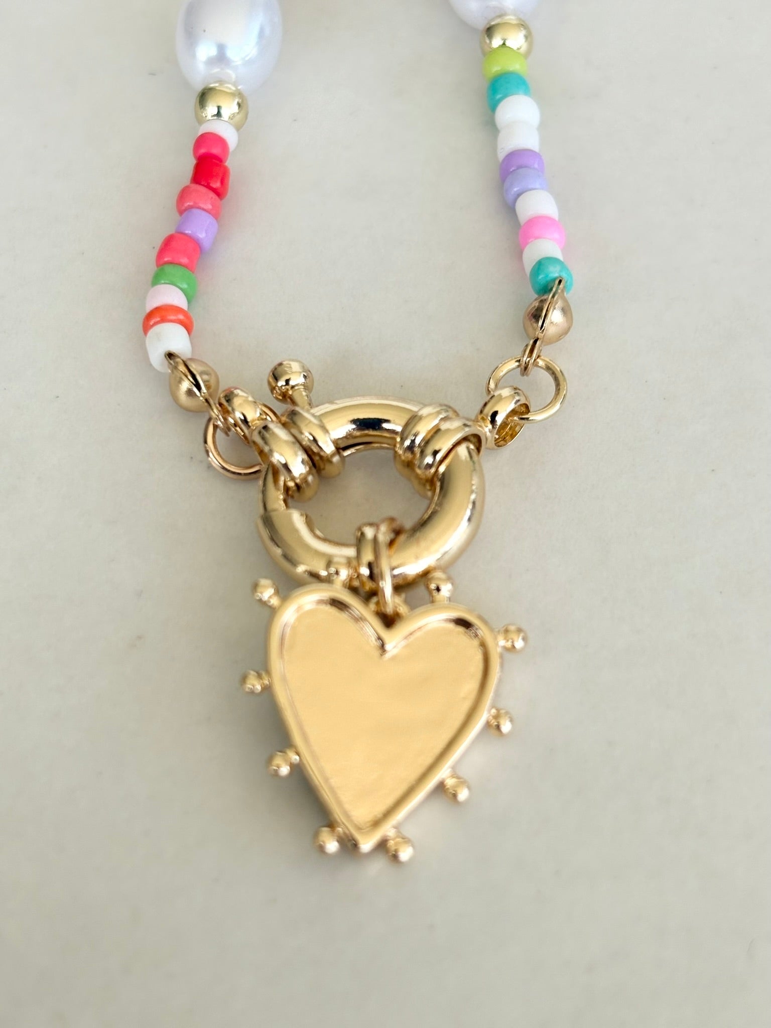 Pastel Seed Bead & Pearl Heart Necklace