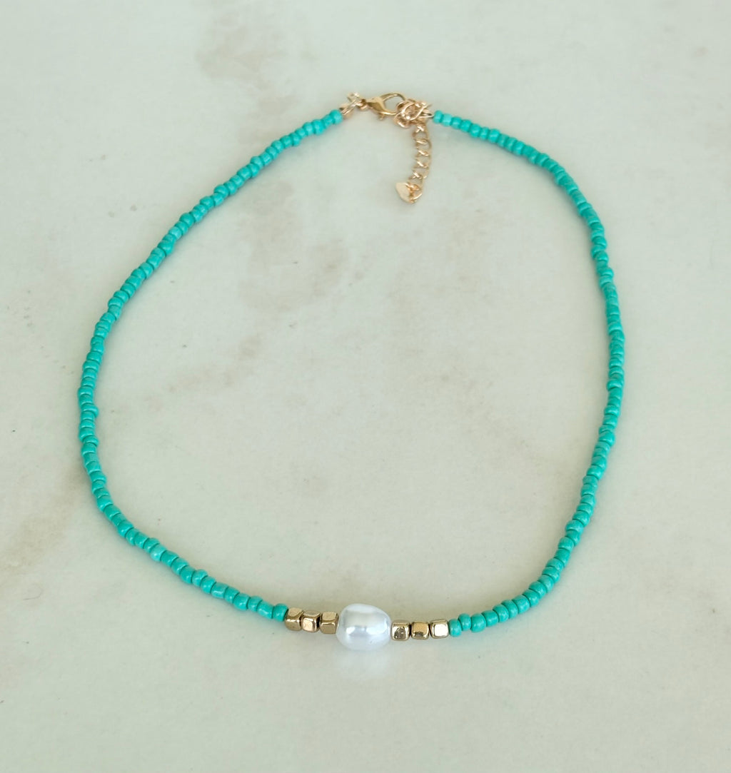 Turquoise Seed Bead & Baroque Pearl Necklace