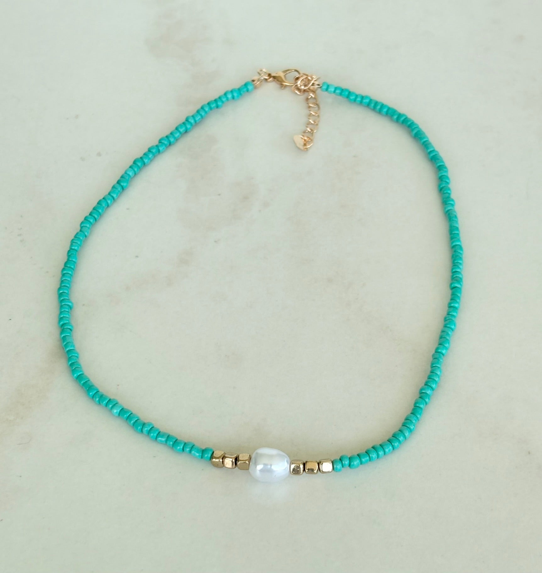 Turquoise Seed Bead & Baroque Pearl Necklace