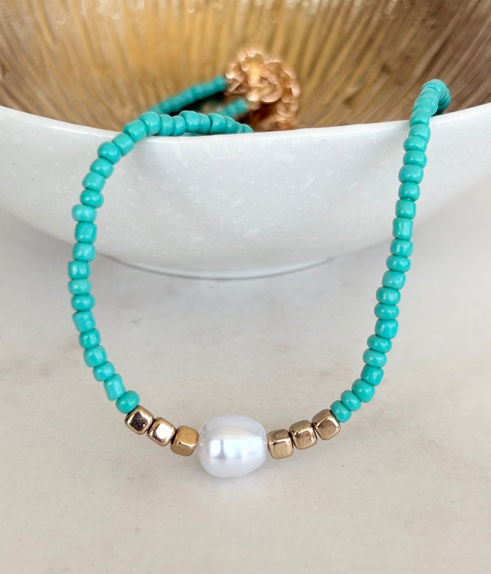 Turquoise Seed Bead & Baroque Pearl Necklace