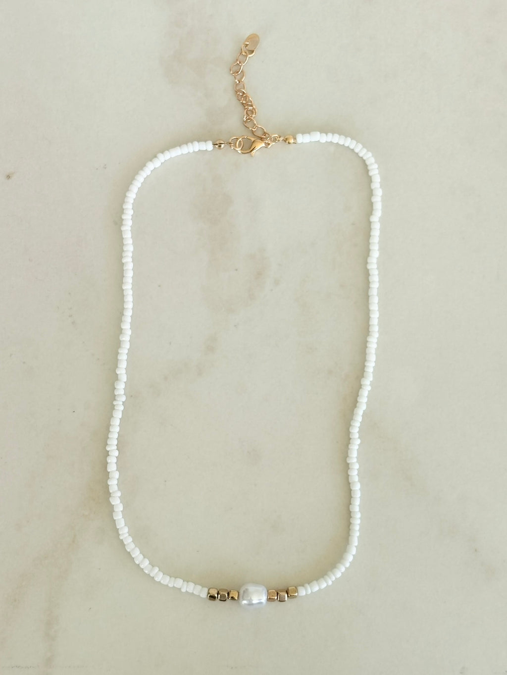 White Seed Bead & Baroque Pearl Necklace