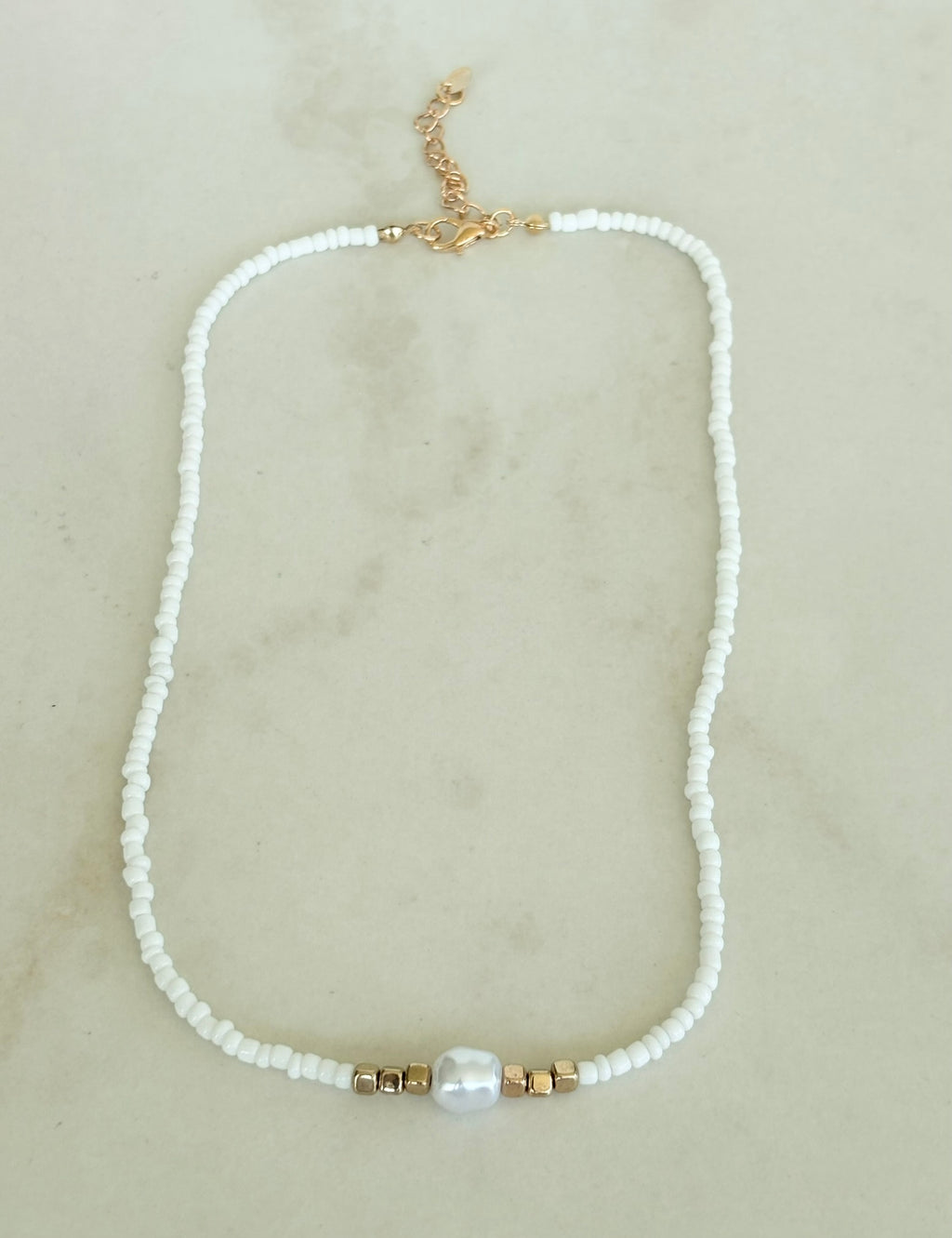 White Seed Bead & Baroque Pearl Necklace