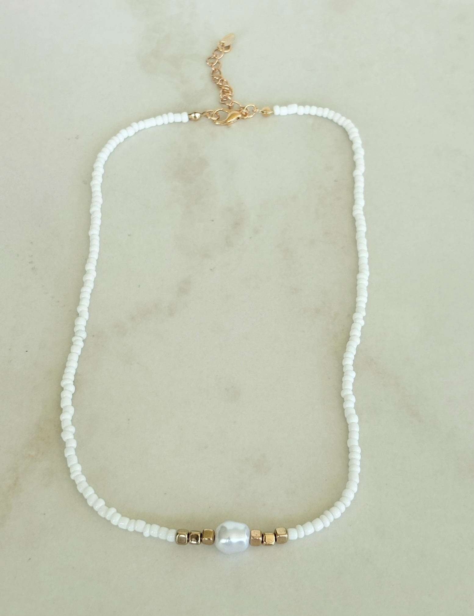 White Seed Bead & Baroque Pearl Necklace