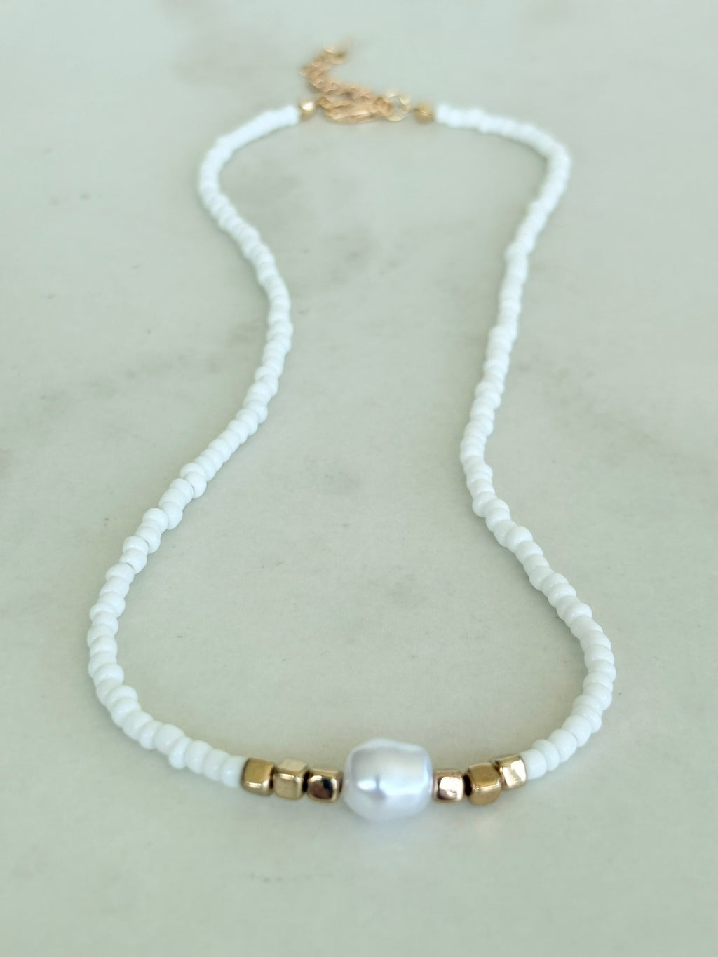 White Seed Bead & Baroque Pearl Necklace
