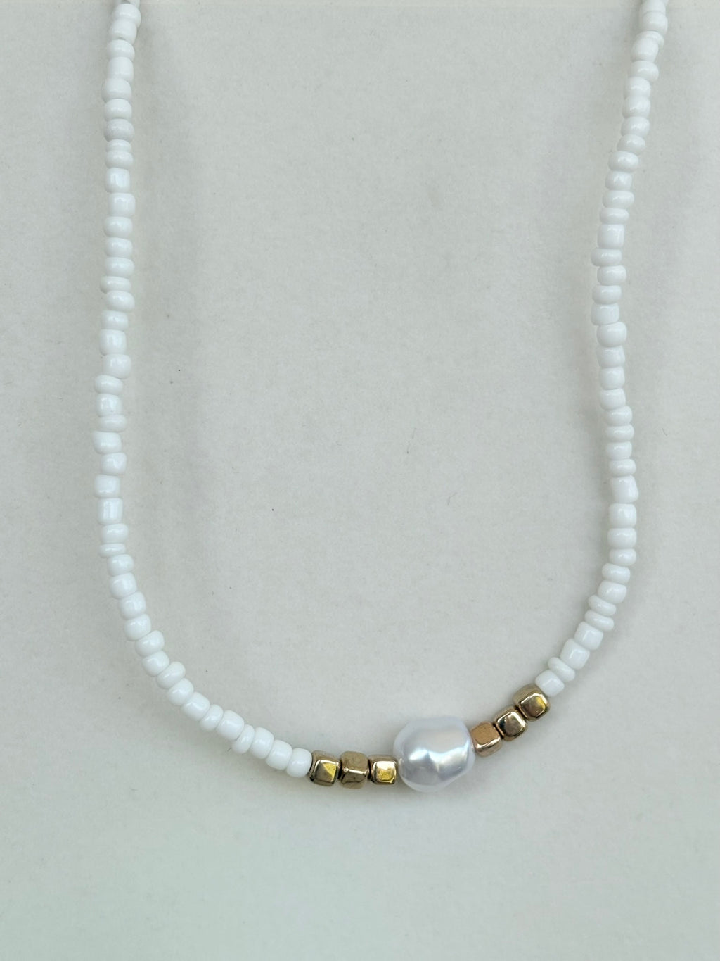 White Seed Bead & Baroque Pearl Necklace