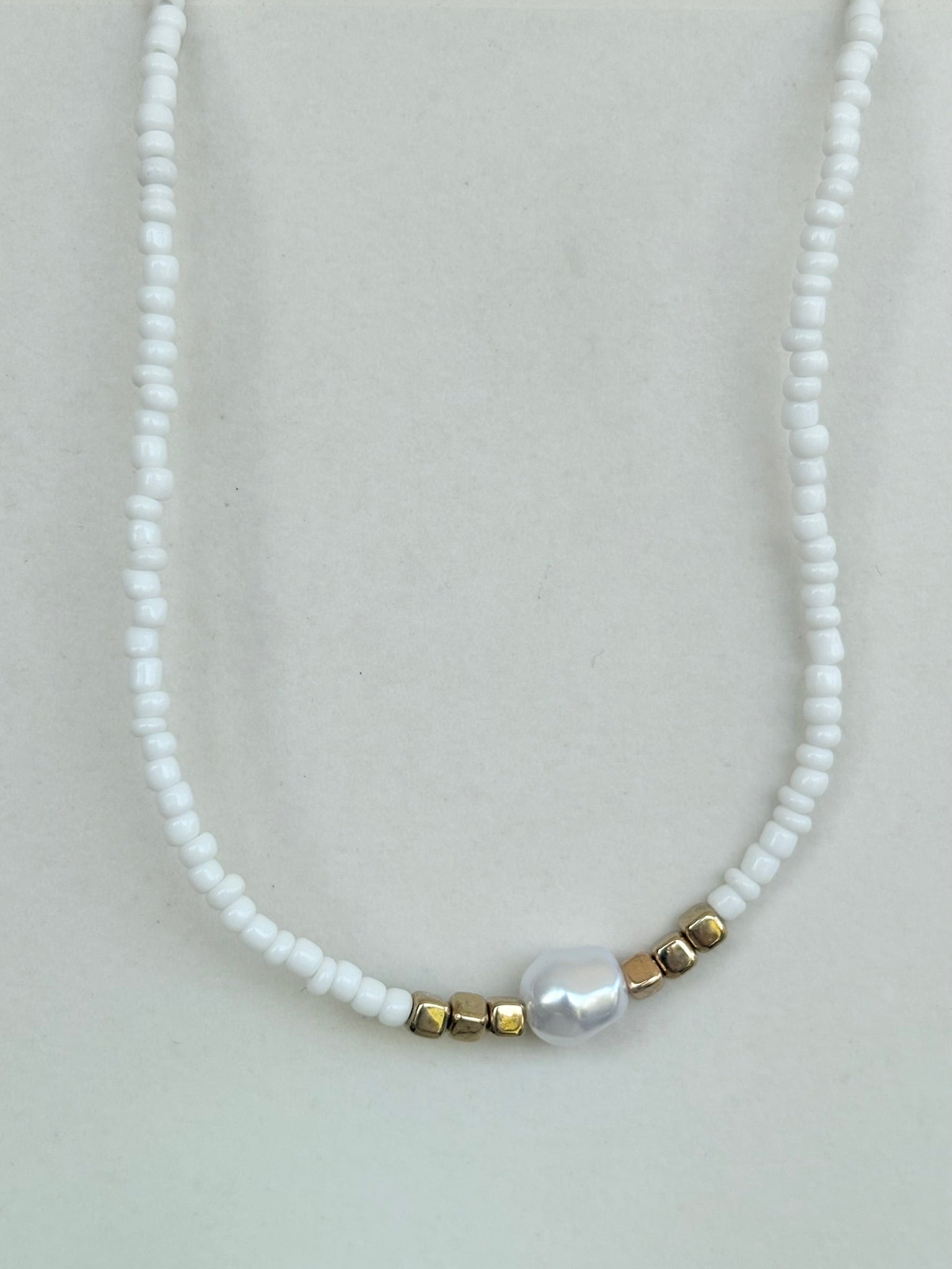White Seed Bead & Baroque Pearl Necklace