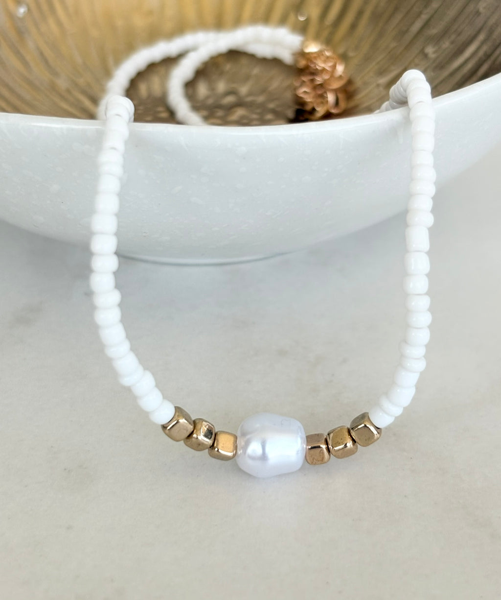 White Seed Bead & Baroque Pearl Necklace
