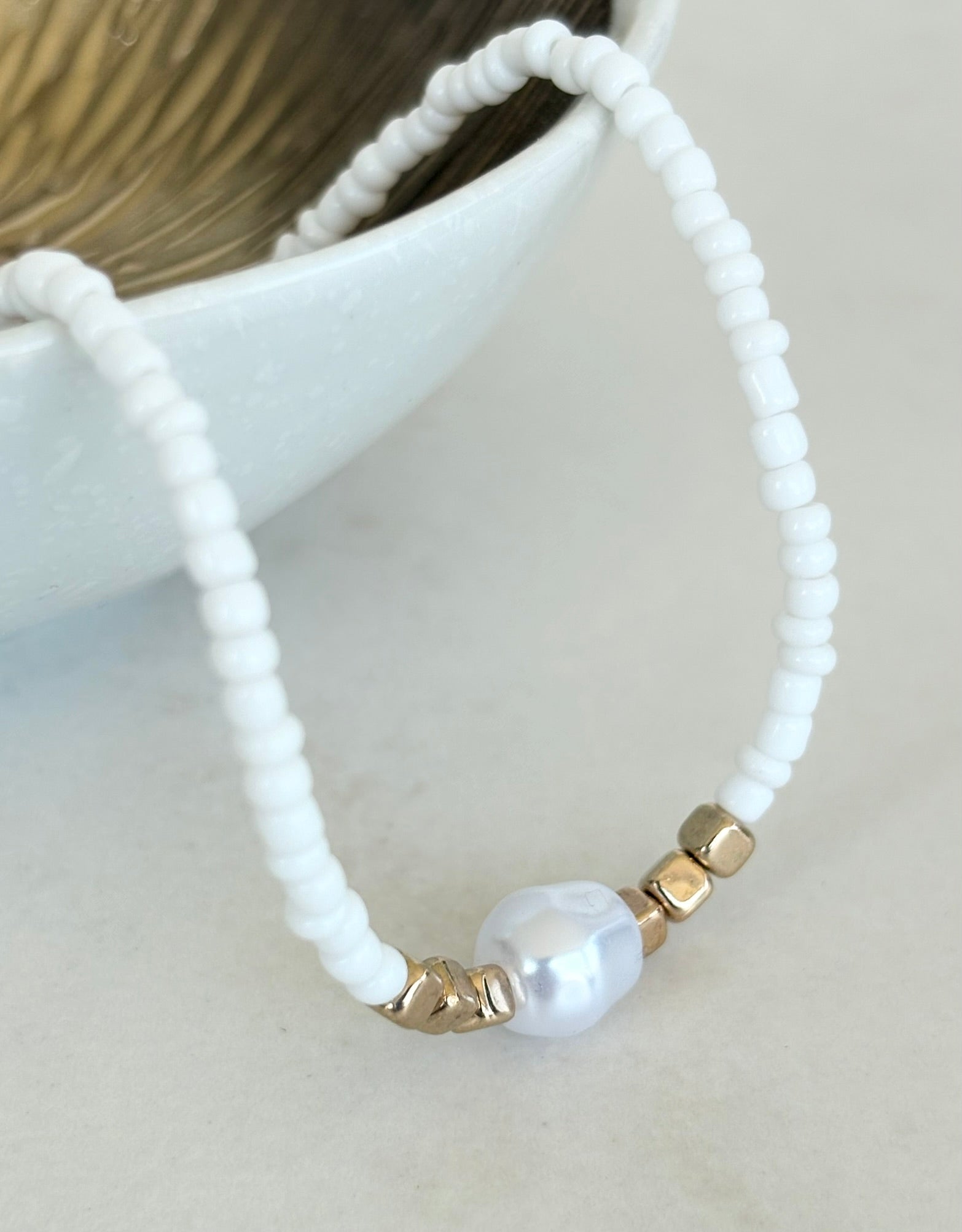 White Seed Bead & Baroque Pearl Necklace