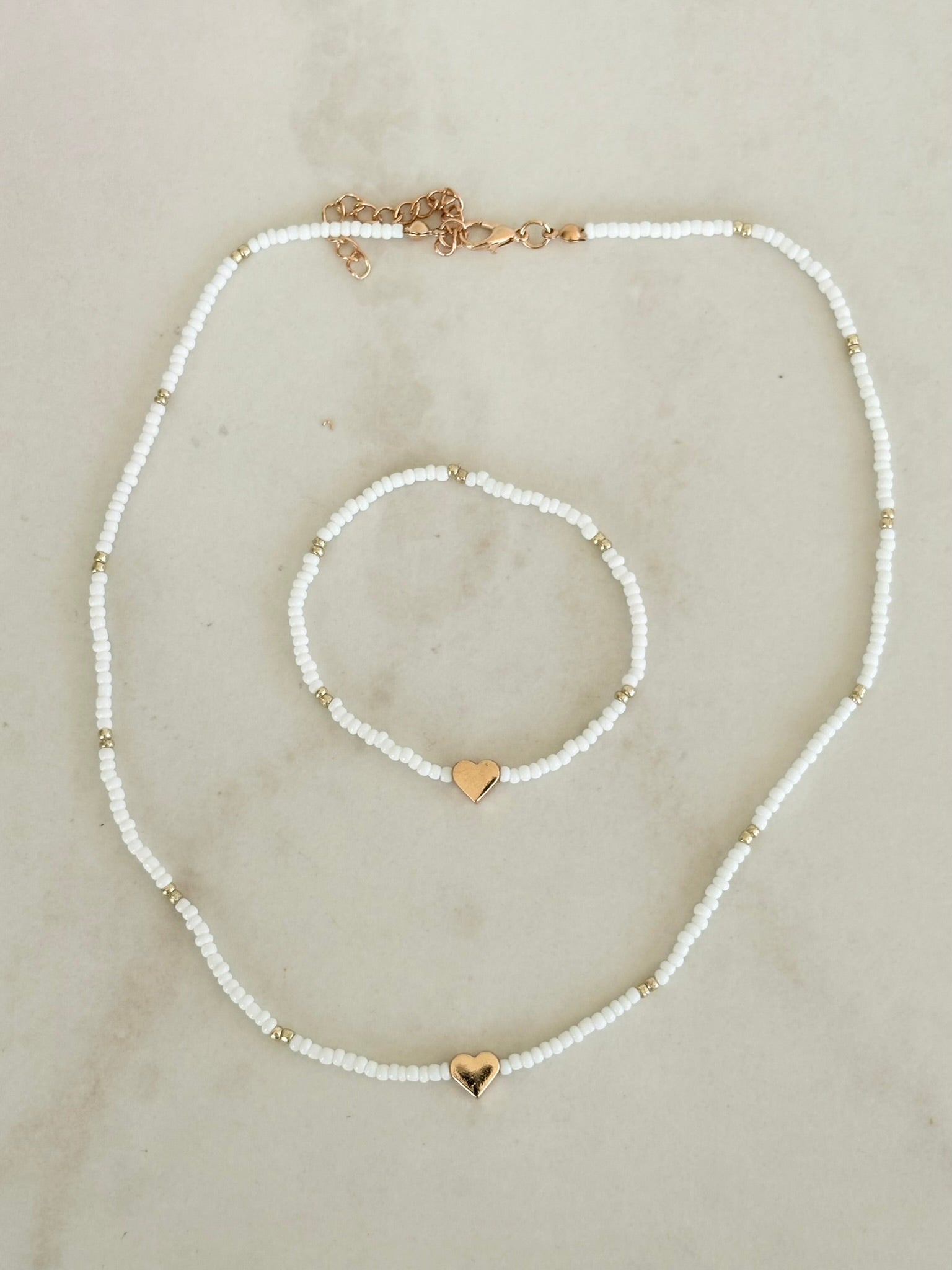 White Heart Necklace & Bracelet Set