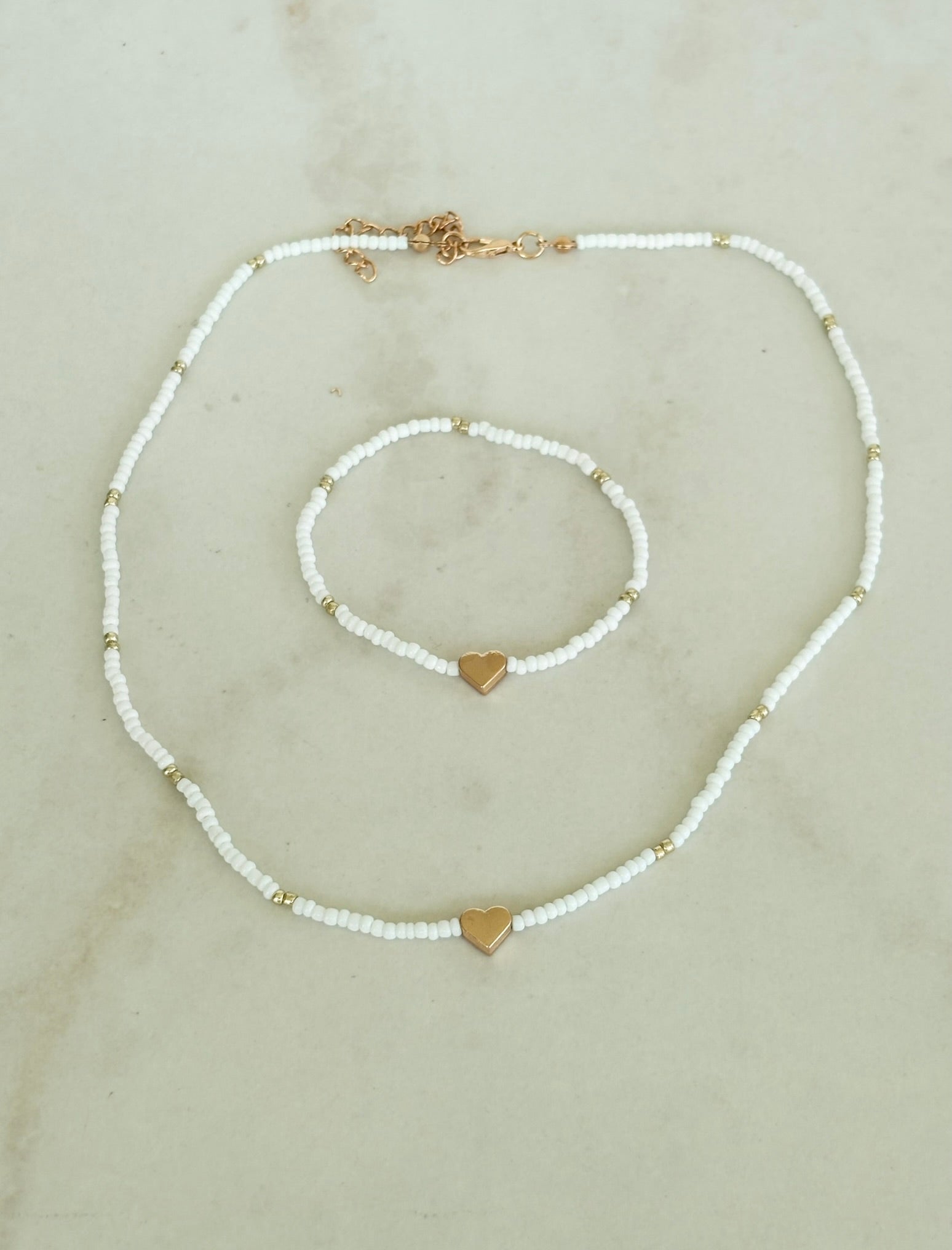 White Heart Necklace & Bracelet Set
