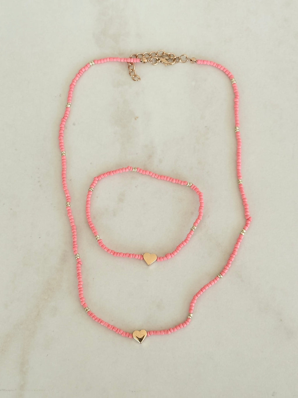 Pink Heart Necklace & Bracelet Set