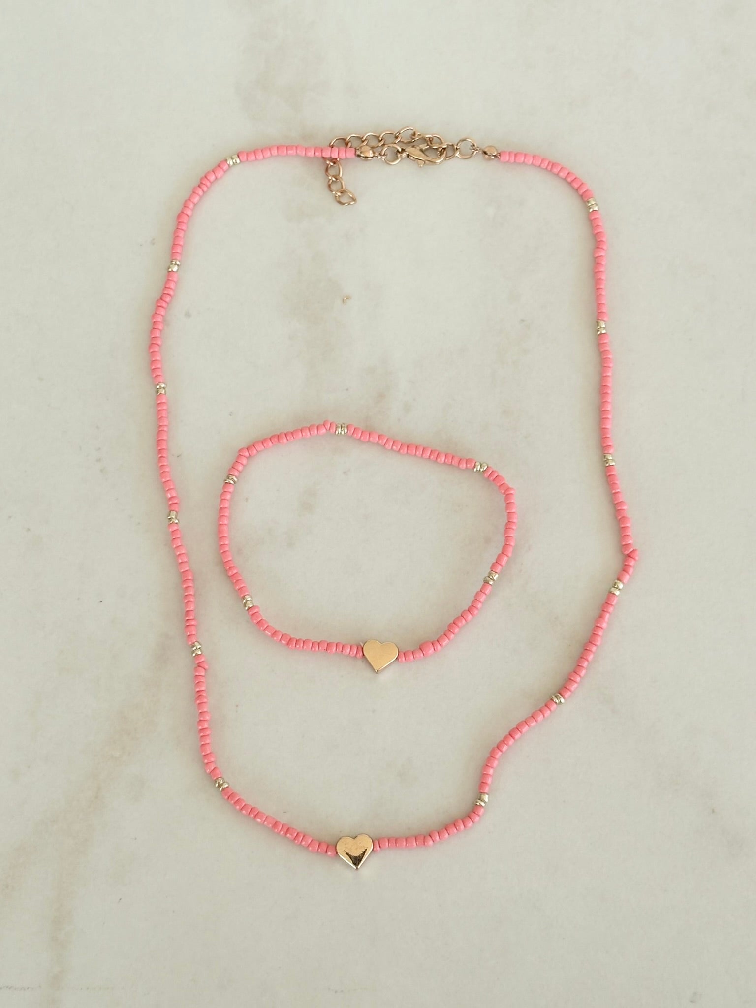Pink Heart Necklace & Bracelet Set