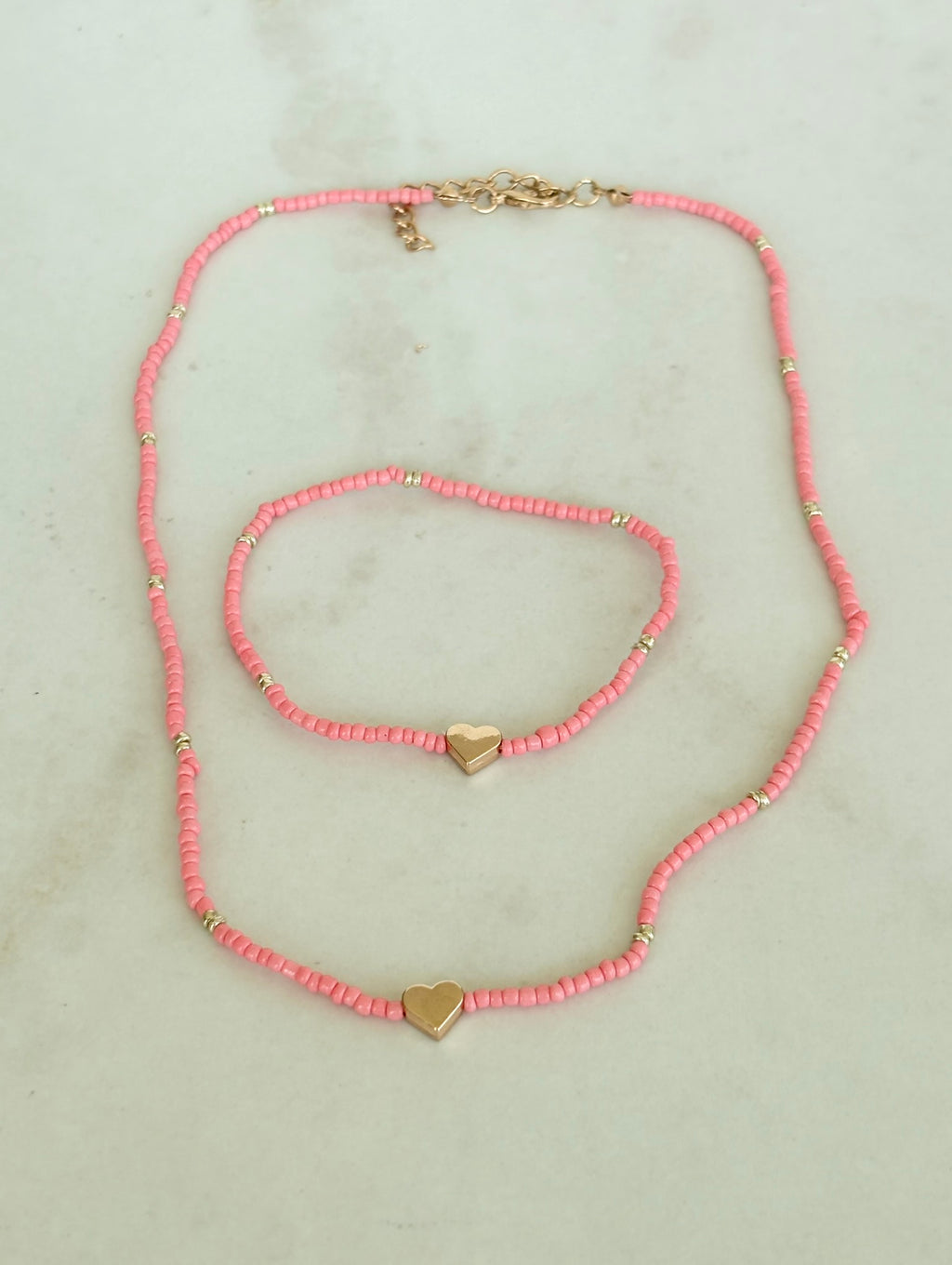 Pink Heart Necklace & Bracelet Set